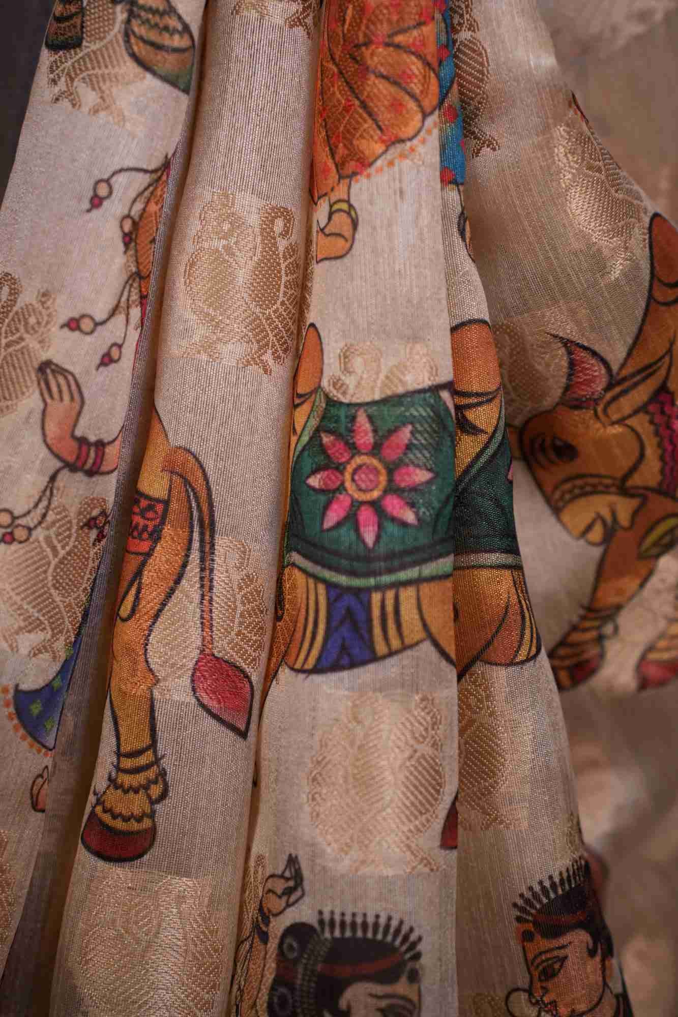 Traditional Kalamkari Pre-stitched Ready to Wear Saree with zari woven border and ornate pallu