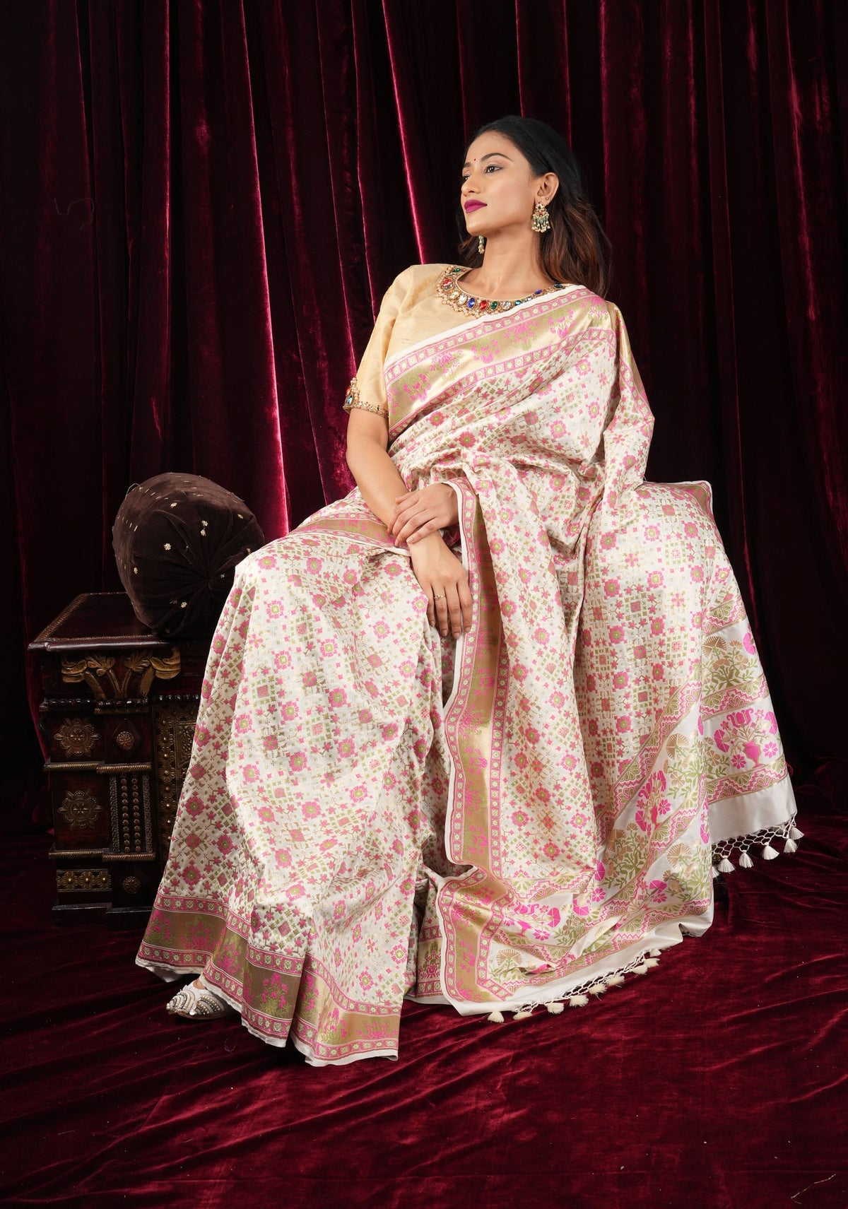 Exquisite Off White Semi Silk Saree with Patola  Meenakari Jaal and Zari Borders | SHOBITAM