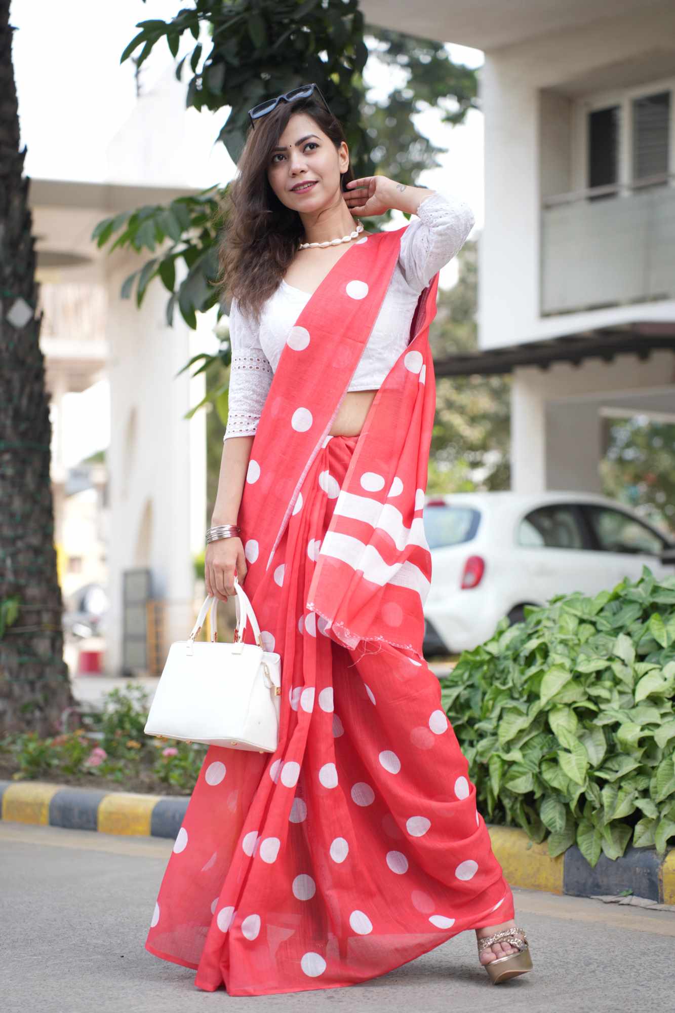 Stylist Red Linen Cotton With Polka Dot Printed Wrap in 1 Minute Saree.