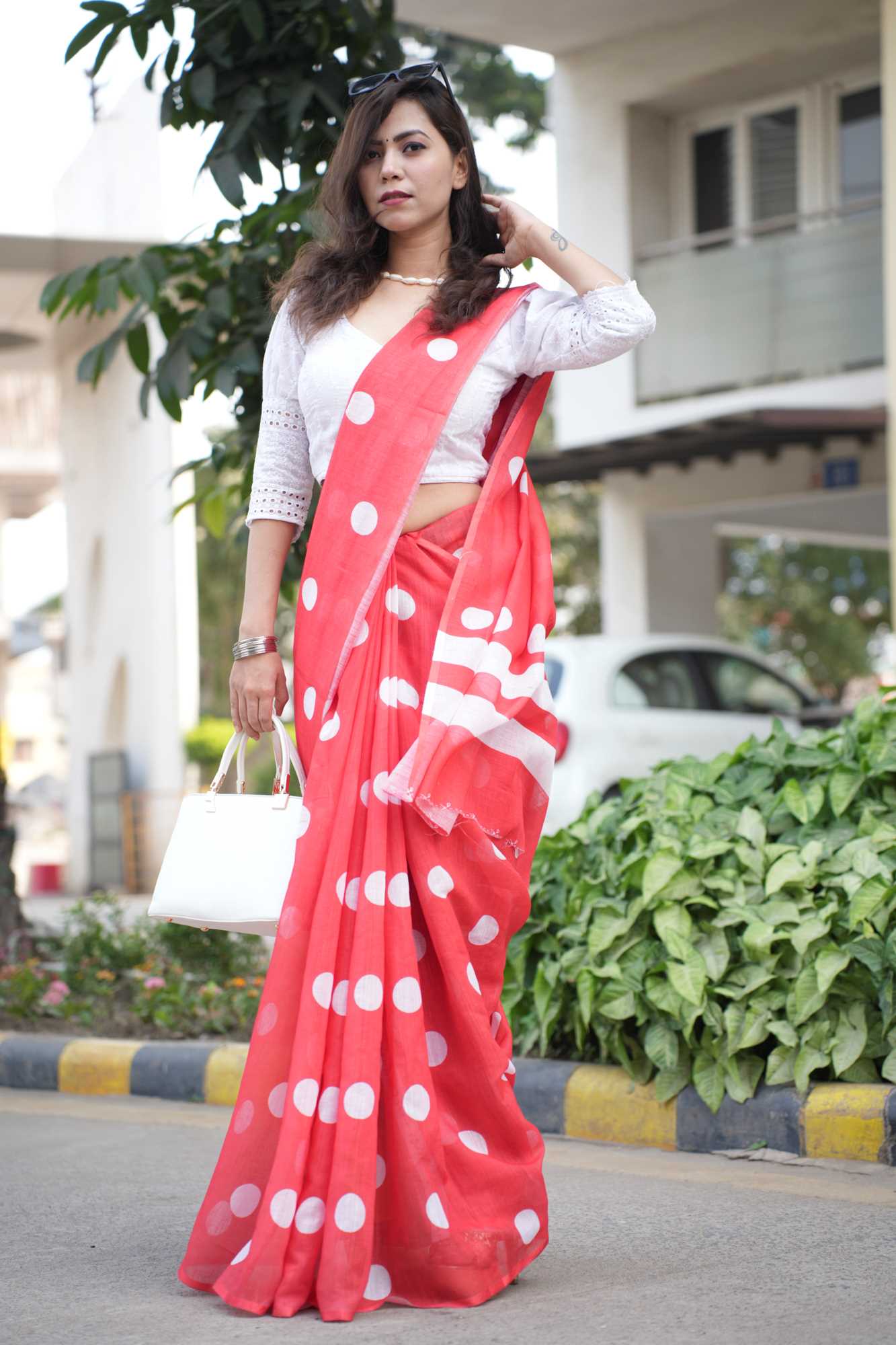 Stylist Red Linen Cotton With Polka Dot Printed Wrap in 1 Minute Saree.