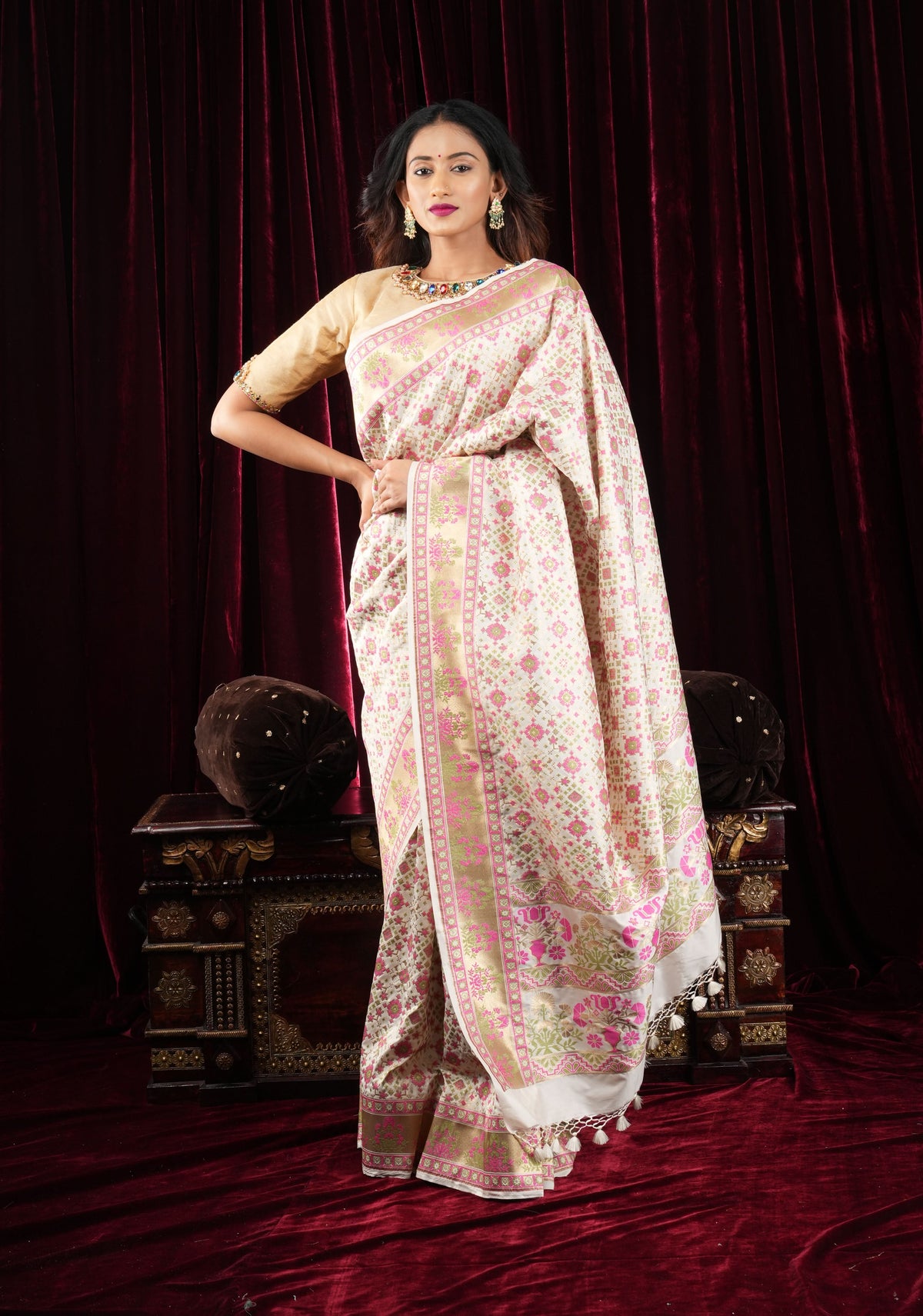 Exquisite Off White Semi Silk Saree with Patola  Meenakari Jaal and Zari Borders | SHOBITAM