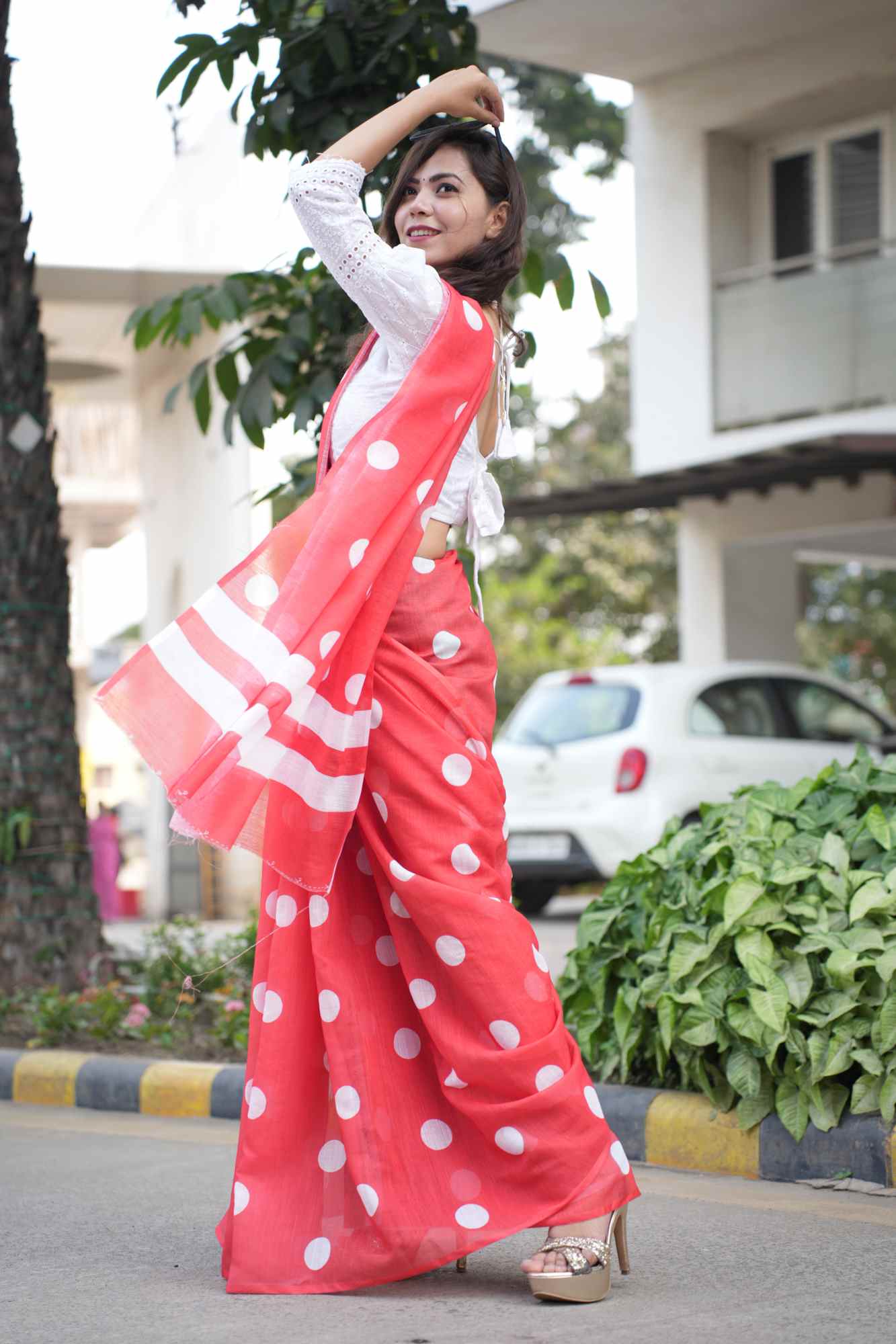 Stylist Red Linen Cotton With Polka Dot Printed Wrap in 1 Minute Saree.