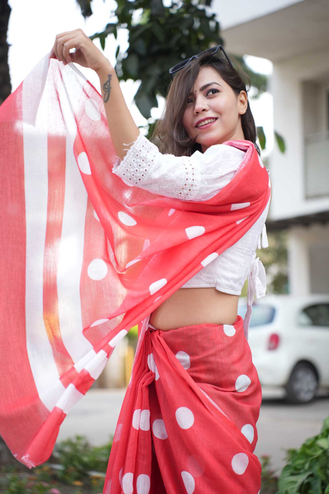 Stylist Red Linen Cotton With Polka Dot Printed Wrap in 1 Minute Saree.