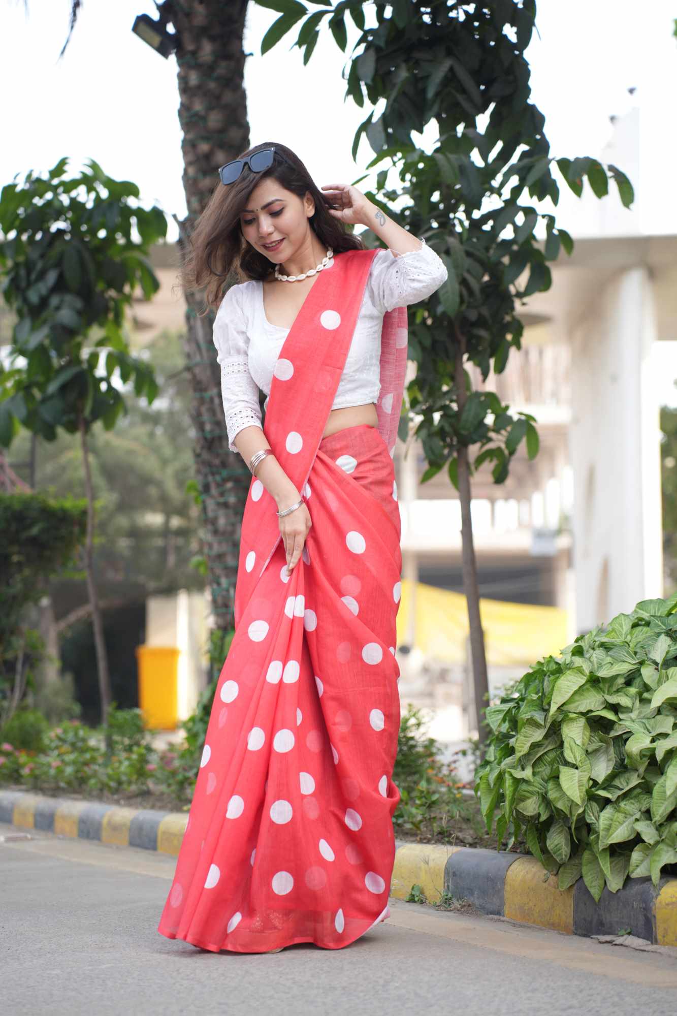 Stylist Red Linen Cotton With Polka Dot Printed Wrap in 1 Minute Saree.