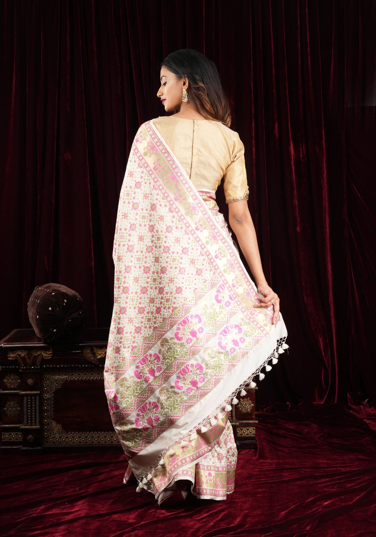 Exquisite Off White Semi Silk Saree with Patola  Meenakari Jaal and Zari Borders | SHOBITAM