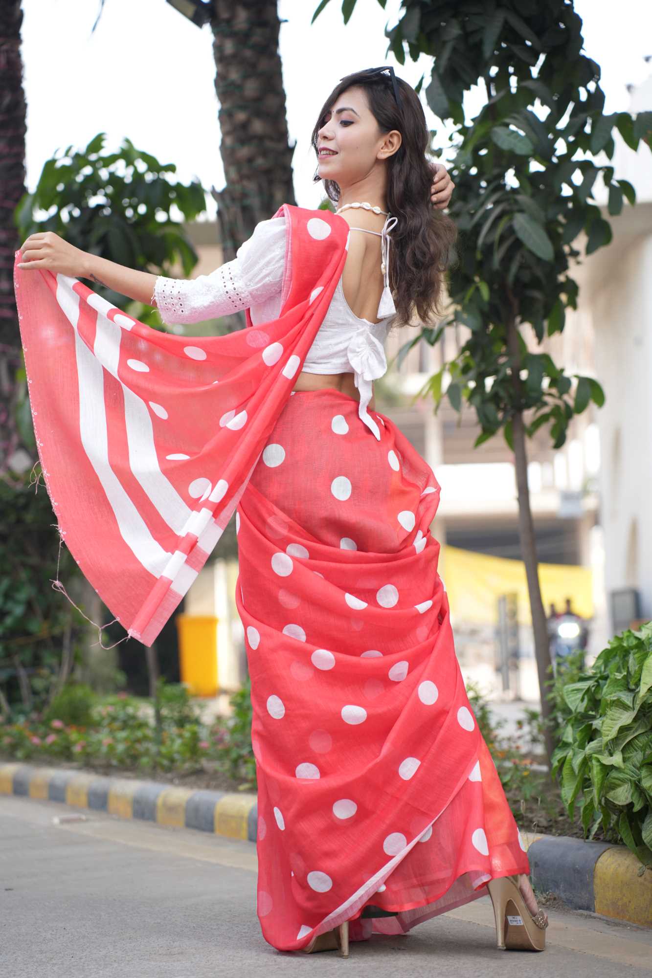 Stylist Red Linen Cotton With Polka Dot Printed Wrap in 1 Minute Saree.