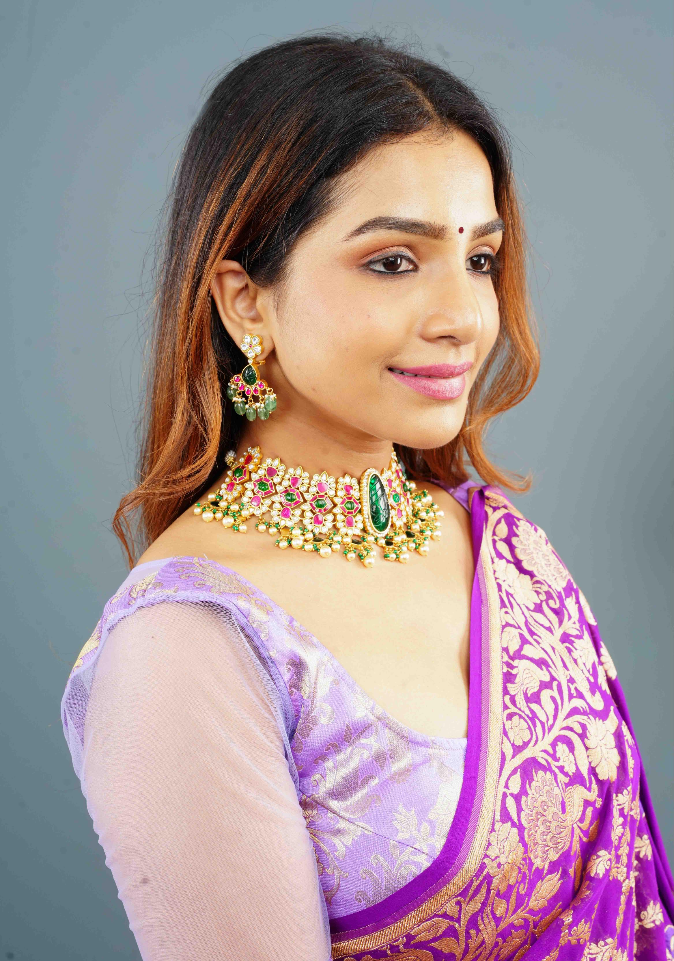 Traditional Jadau Kundan Choker Set With Dangling Pearls And Matching Earrings | SHOBITAM
