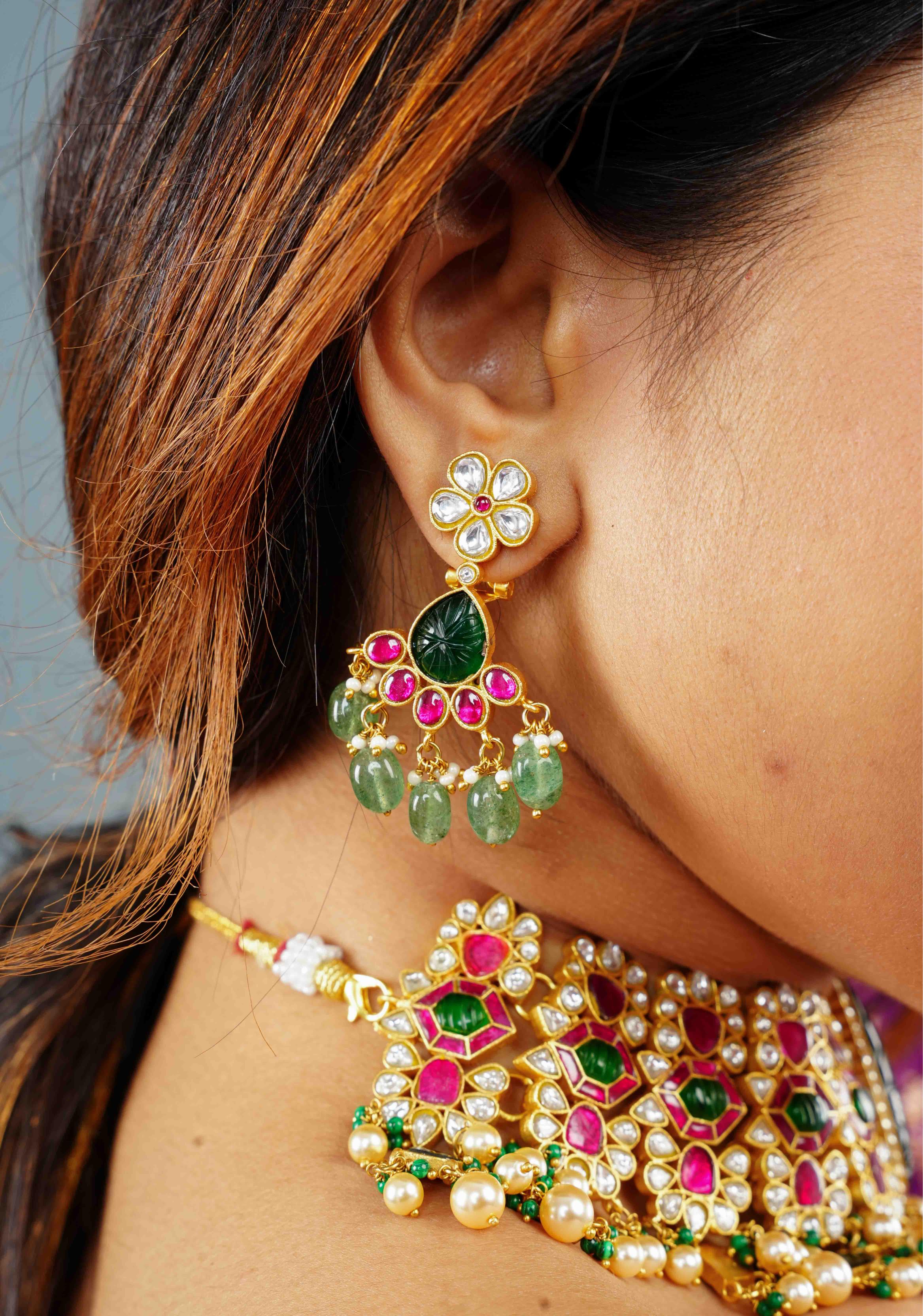Traditional Jadau Kundan Choker Set With Dangling Pearls And Matching Earrings | SHOBITAM