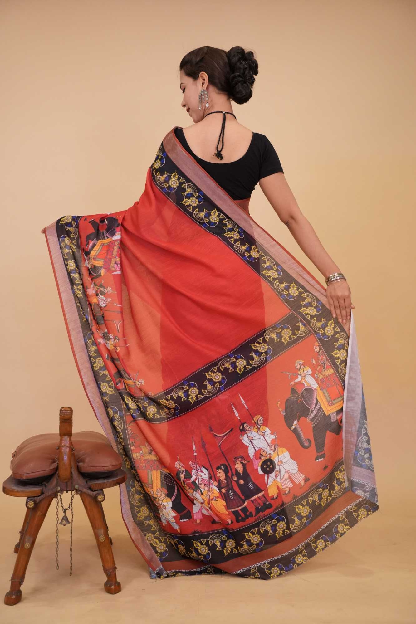 Mughal Era Printed With Black Contrast Border Ready To Wear Saree