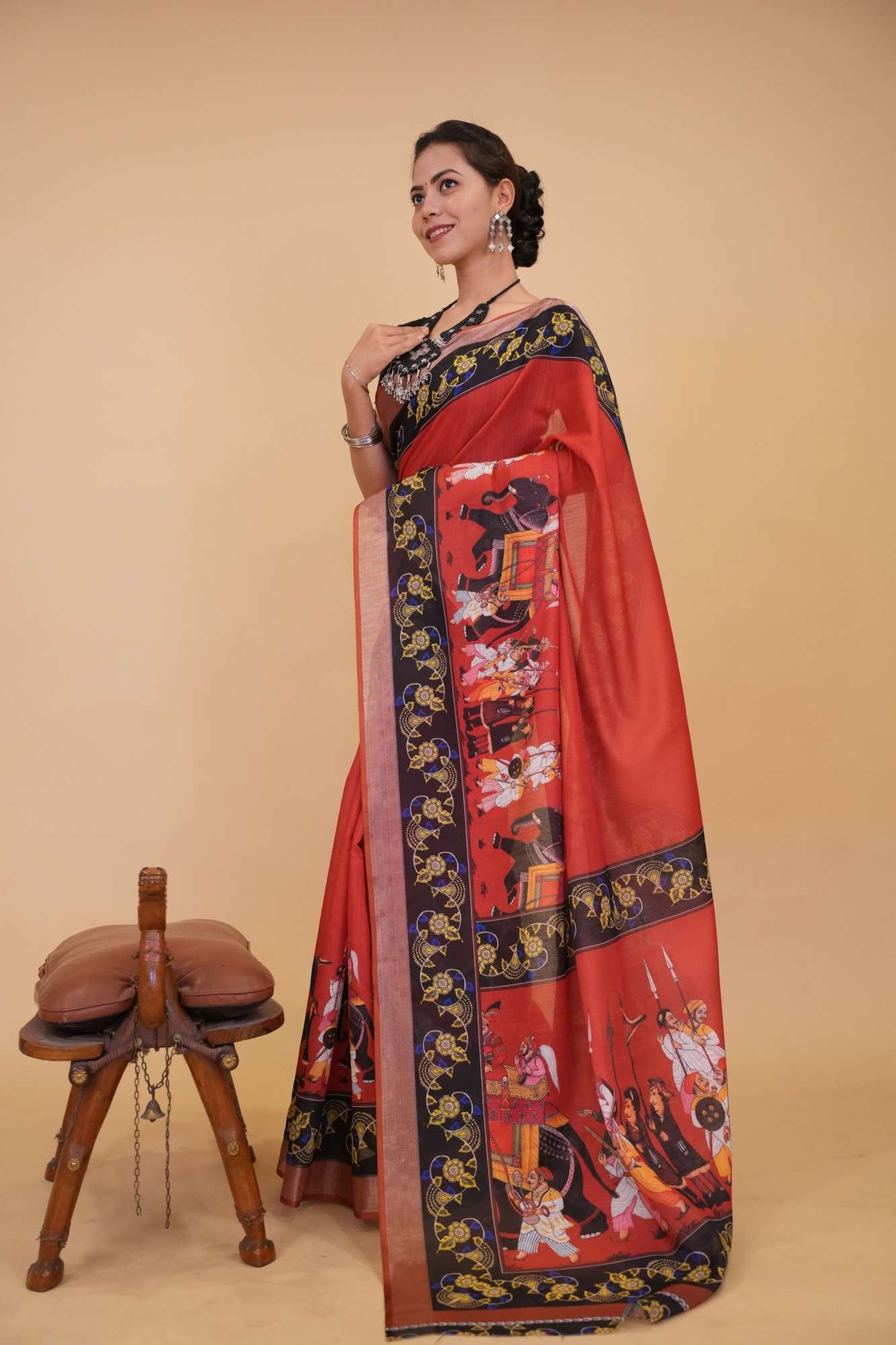 Mughal Era Printed With Black Contrast Border Ready To Wear Saree