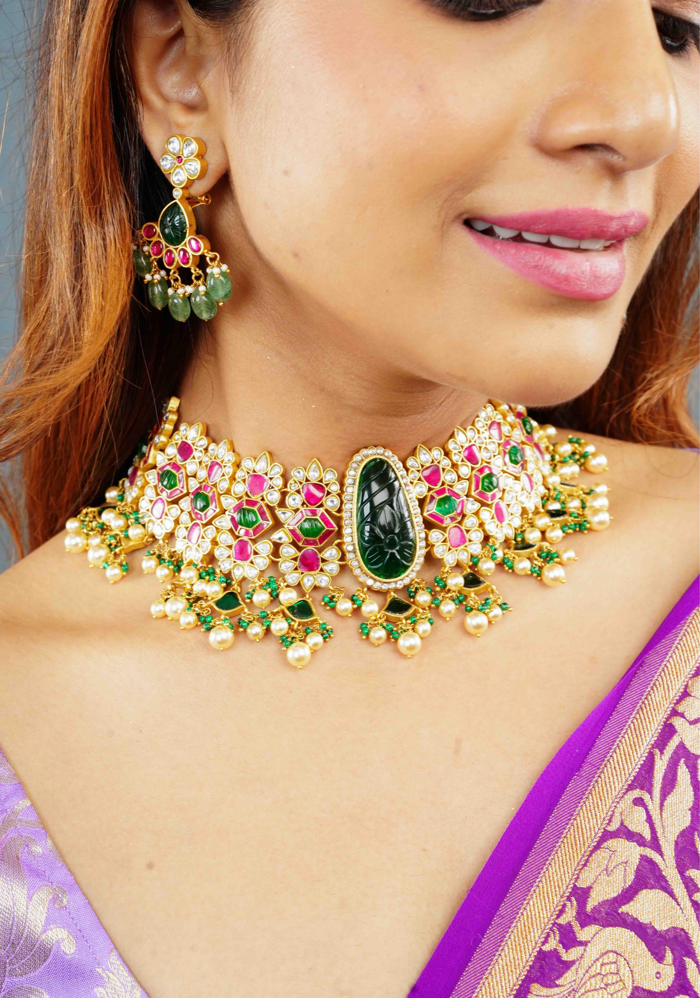 Traditional Jadau Kundan Choker Set With Dangling Pearls And Matching Earrings | SHOBITAM