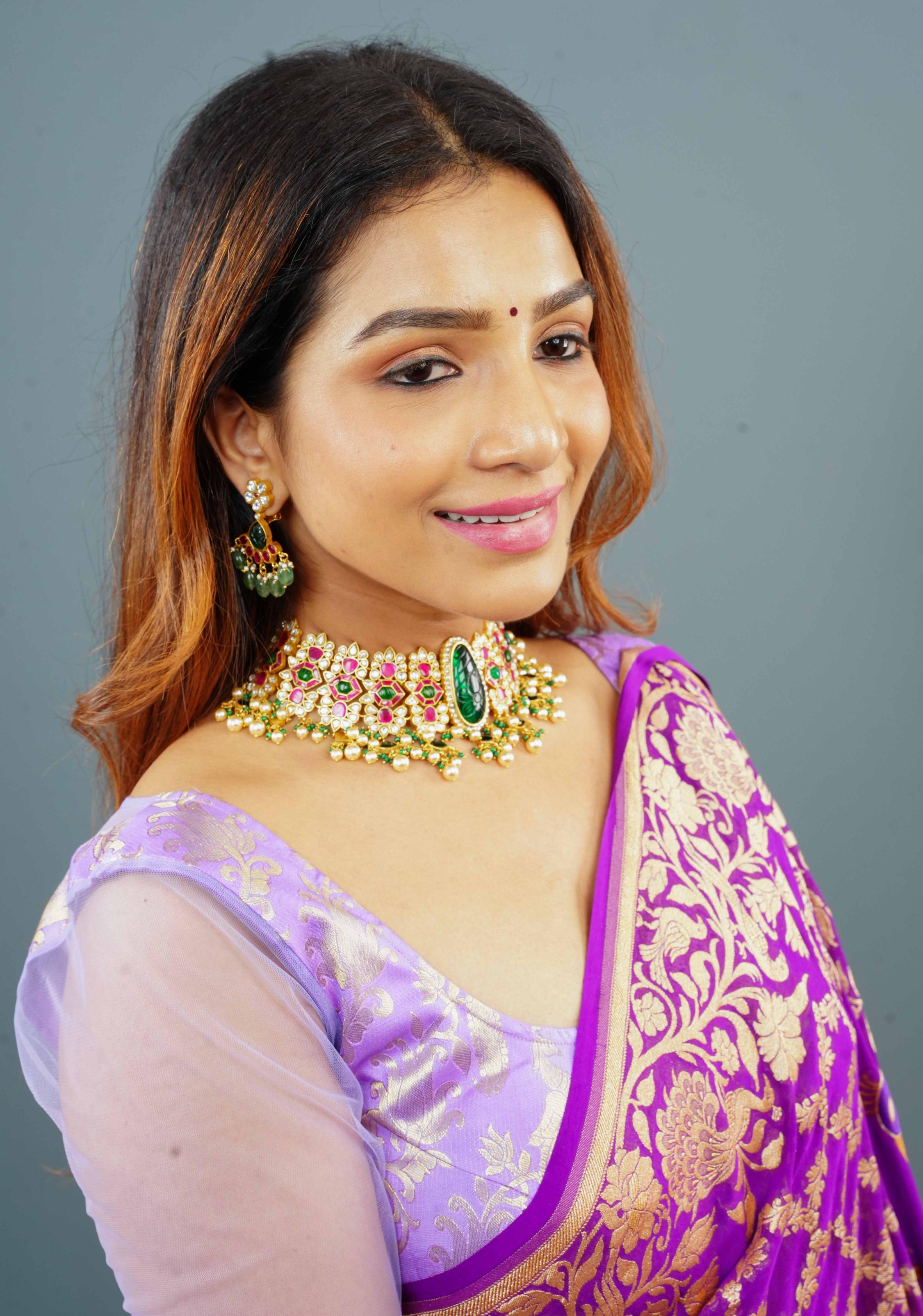 Traditional Jadau Kundan Choker Set With Dangling Pearls And Matching Earrings | SHOBITAM