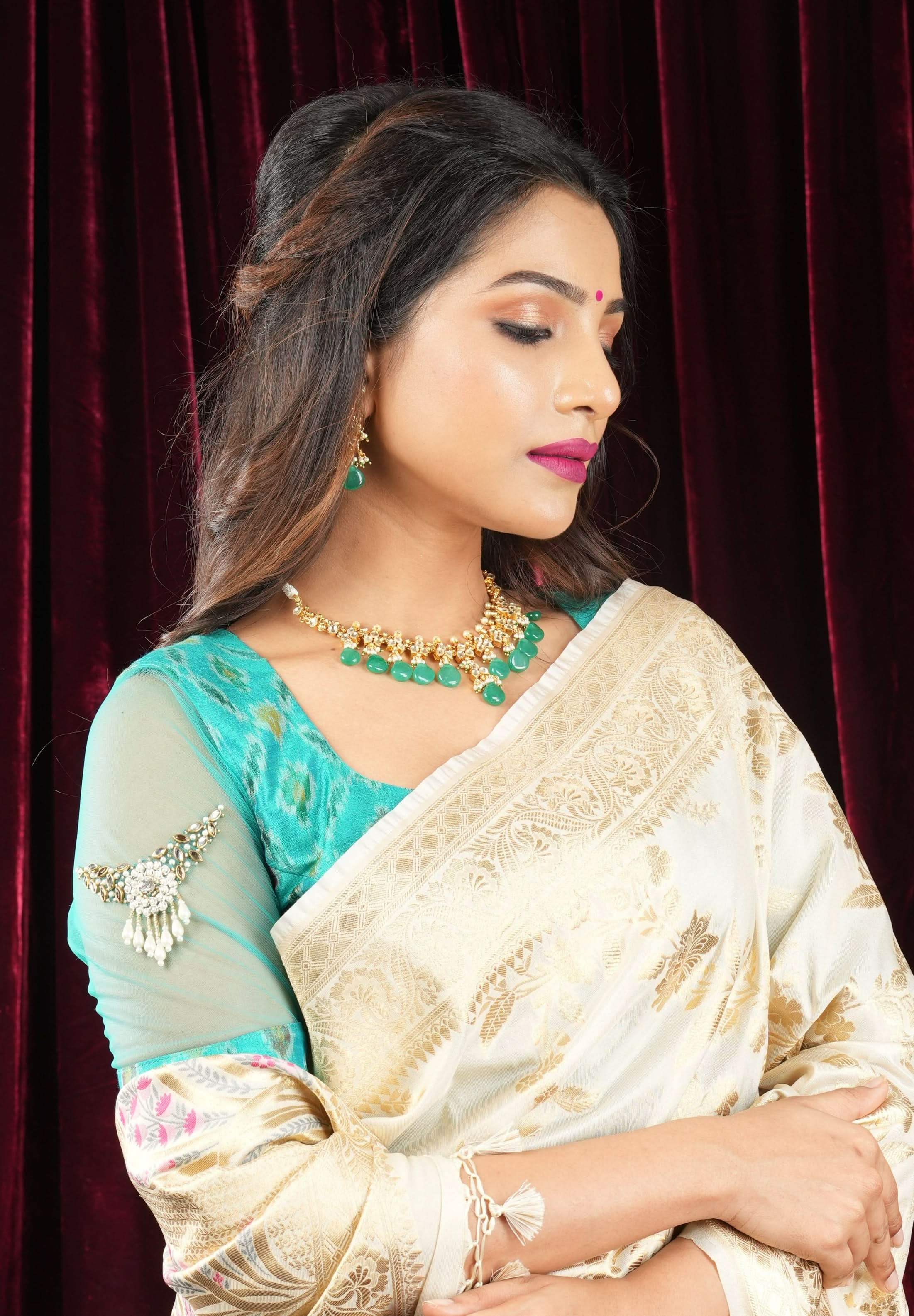 Cyan Pure ikkat  Raw silk blouse with Rhinestone detailing in back and sleeves | Shobitam