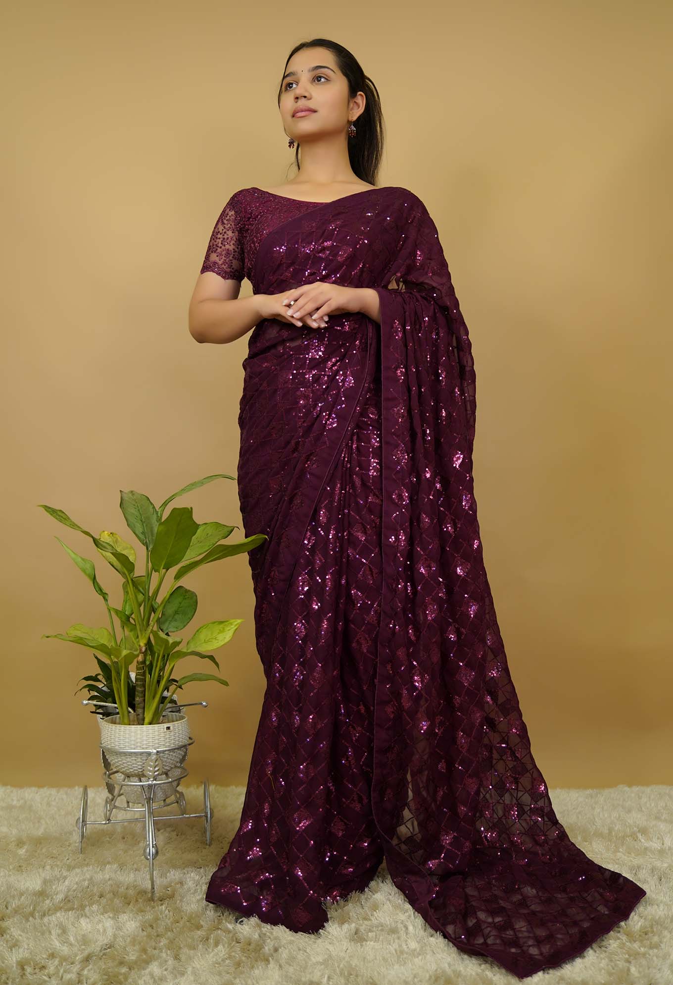 Ready To Wear Glamorous Embellished Red  sequins Work All Over Wrap in 1 minute saree