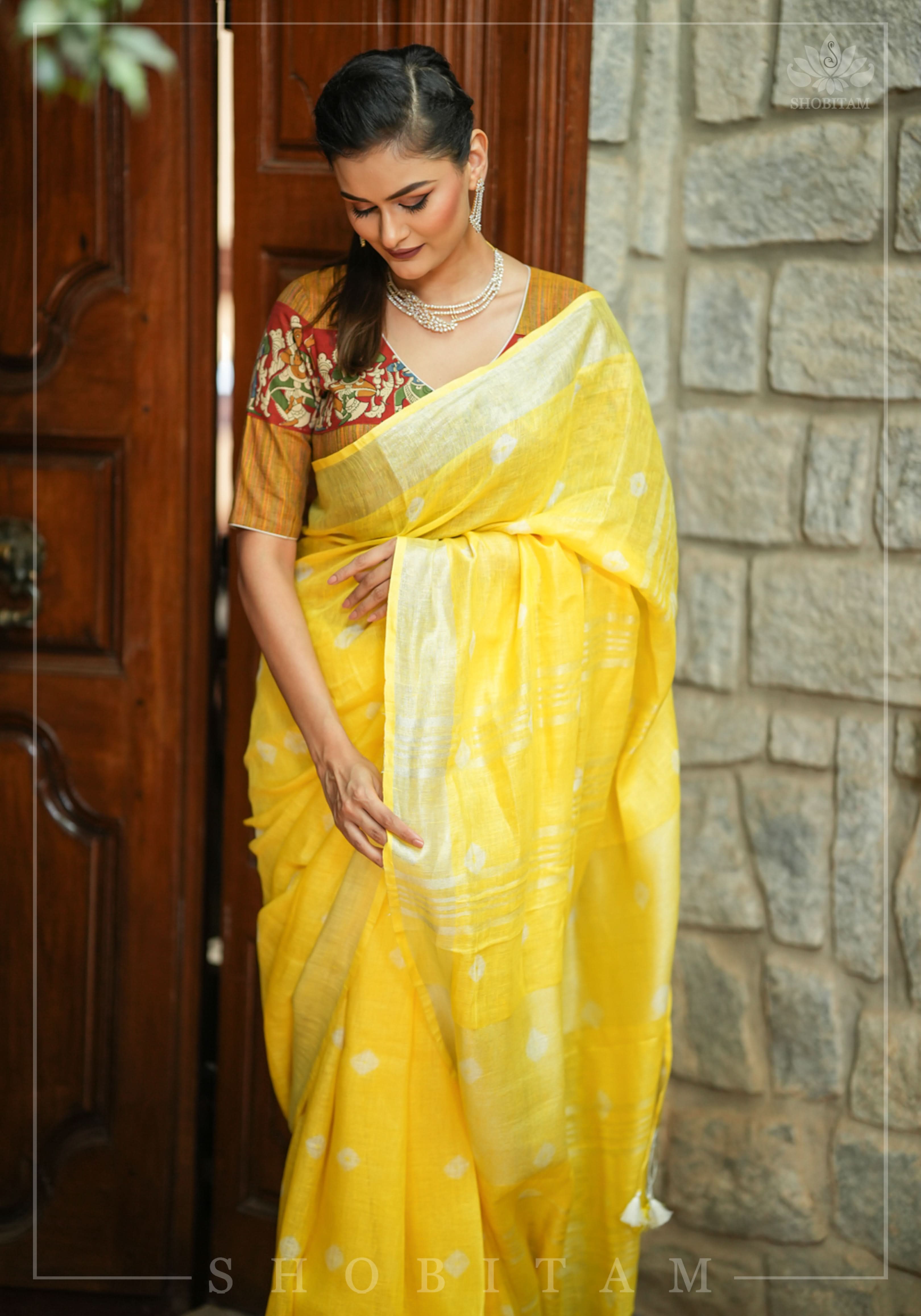 Authentic Bandini - Shibori on Pure Linen by Linen Saree with Zari Border in Sunflower Yellow | Shobitam