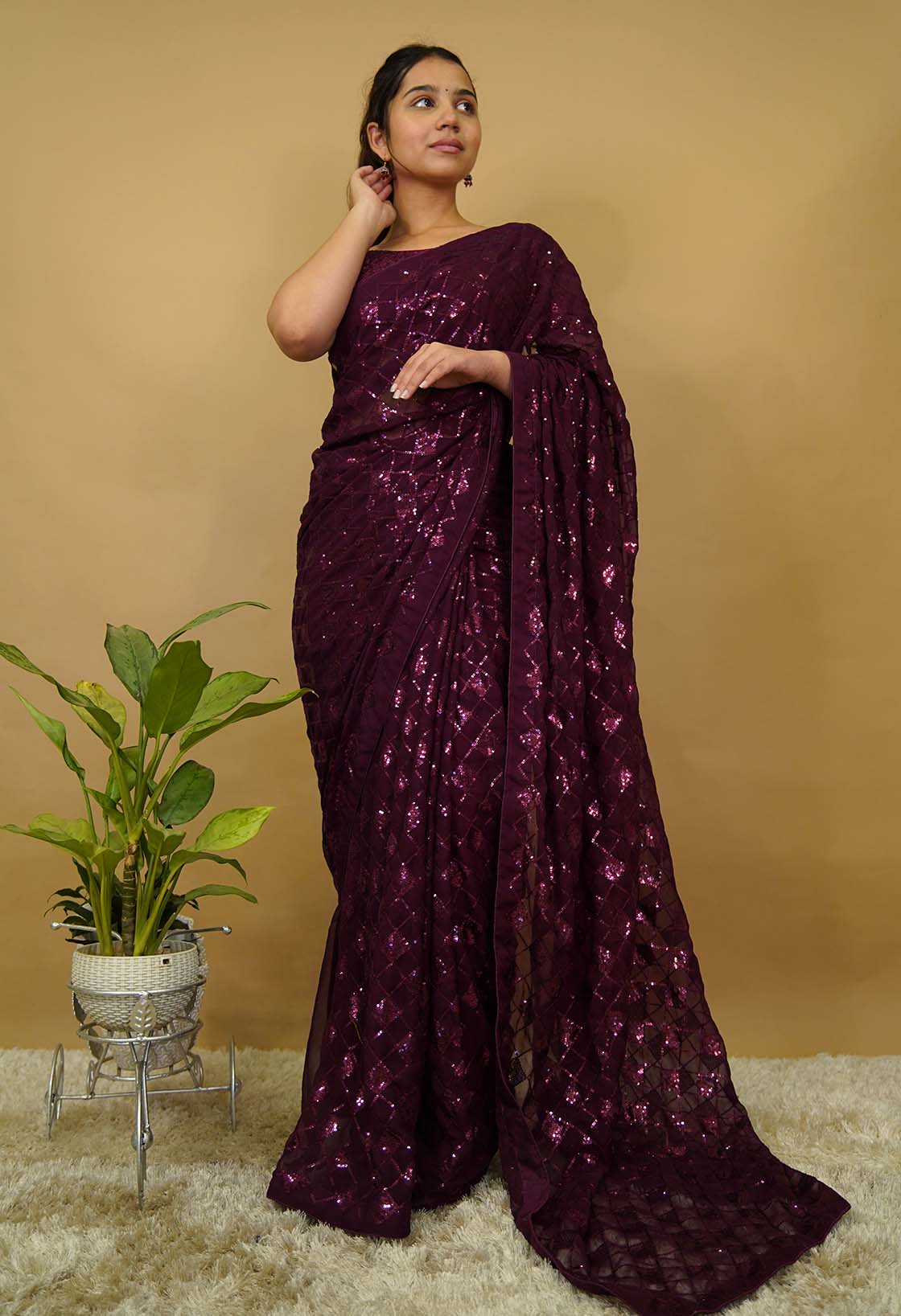 Ready To Wear Glamorous Embellished Red  sequins Work All Over Wrap in 1 minute saree
