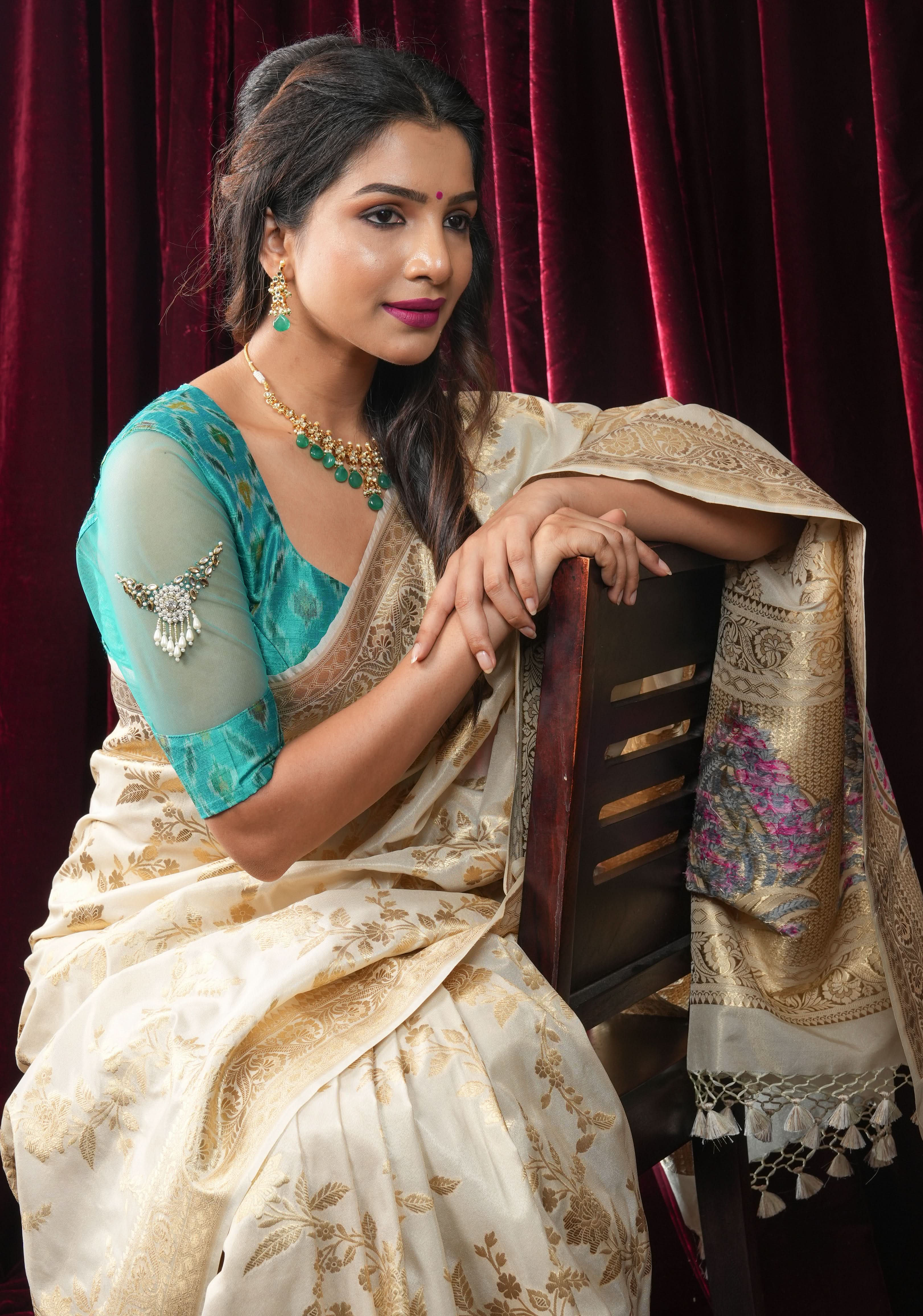 Ivory Tissue Semi silk saree with leheria Zari Floral vine Pattern and Meenakari Zari Pallu | SHOBITAM
