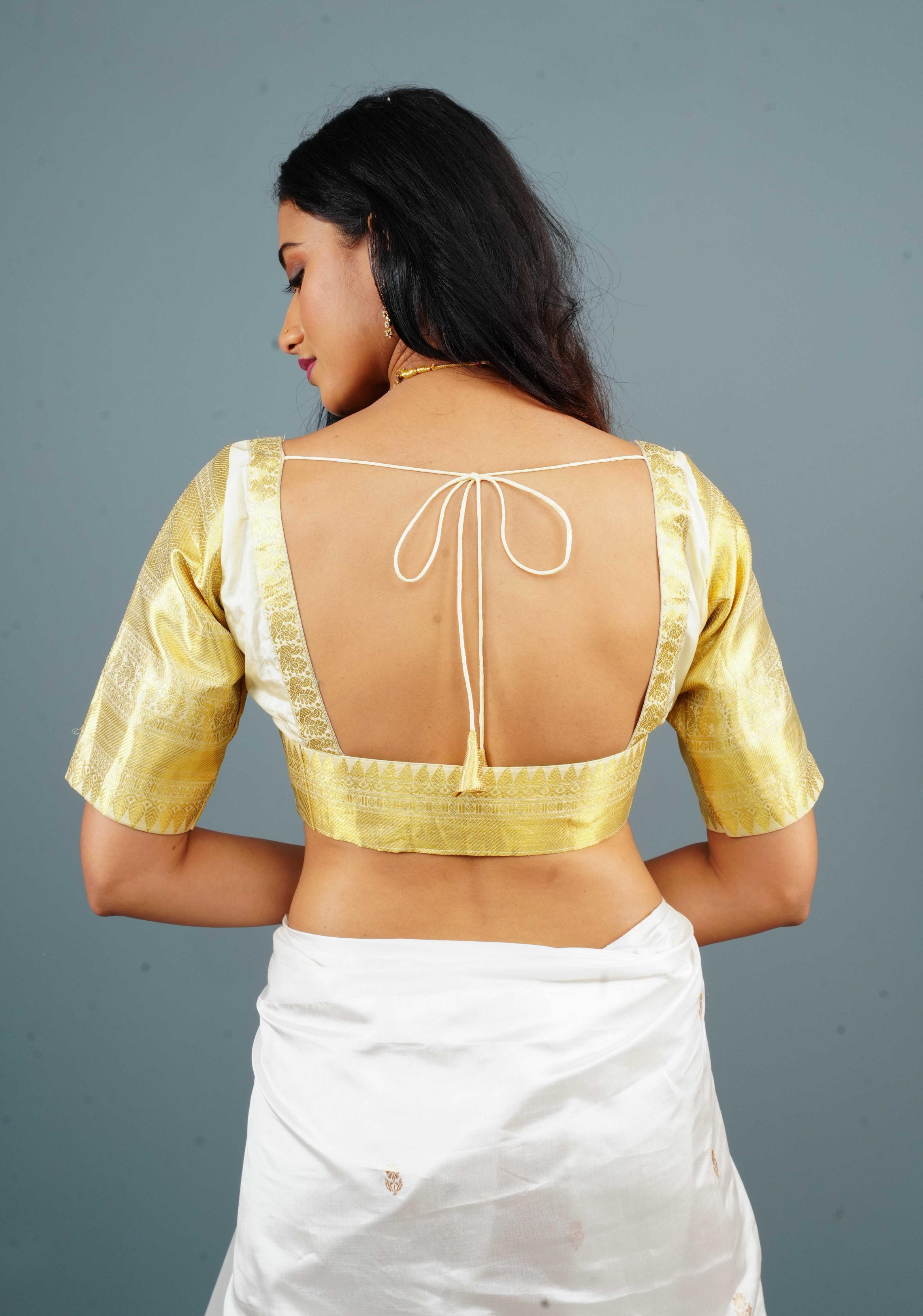 Off White Bustier Brocade with Kanjivaram Border Sleeves, Made to Order | Shobitam
