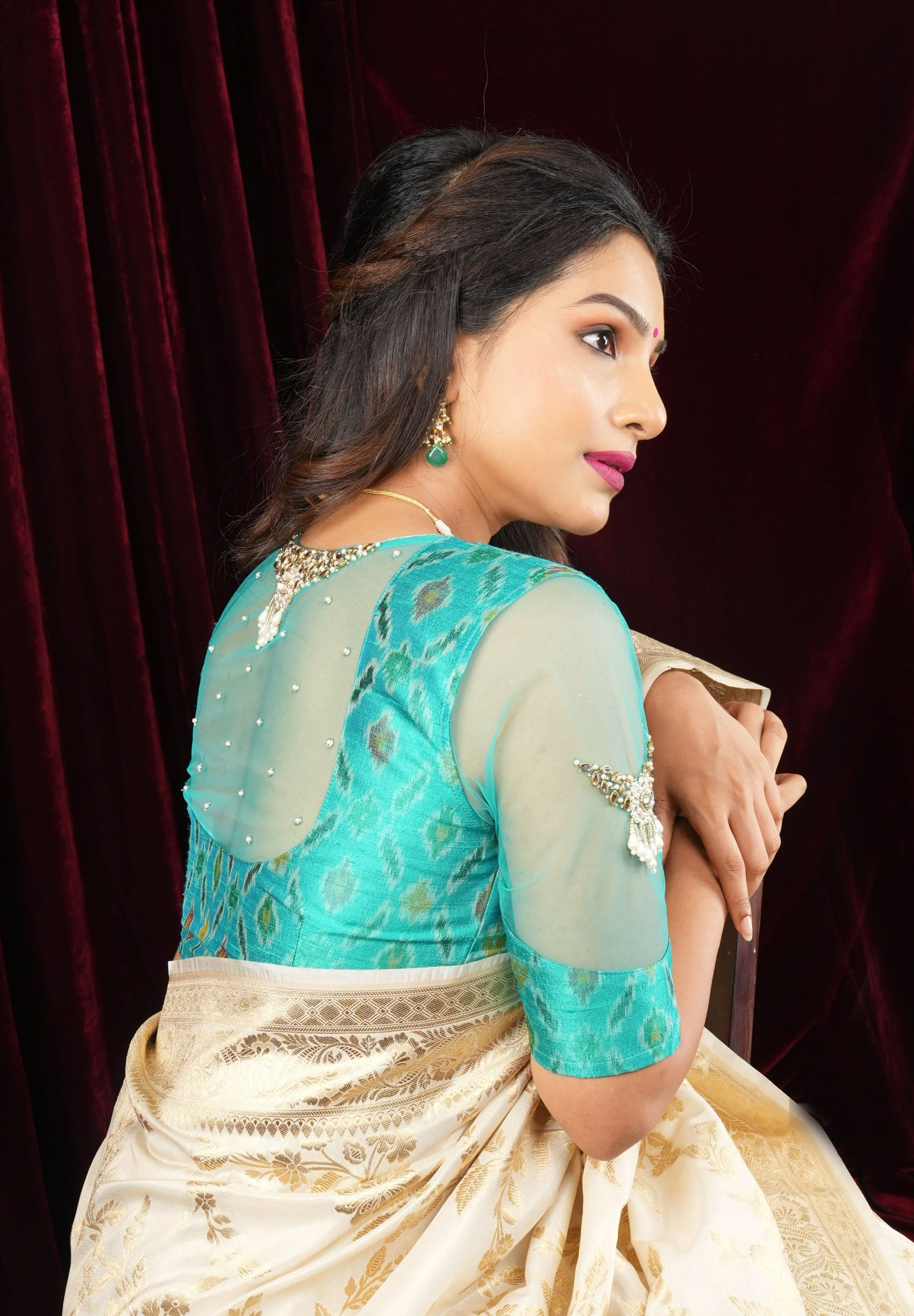Cyan Pure ikkat  Raw silk blouse with Rhinestone detailing in back and sleeves | Shobitam