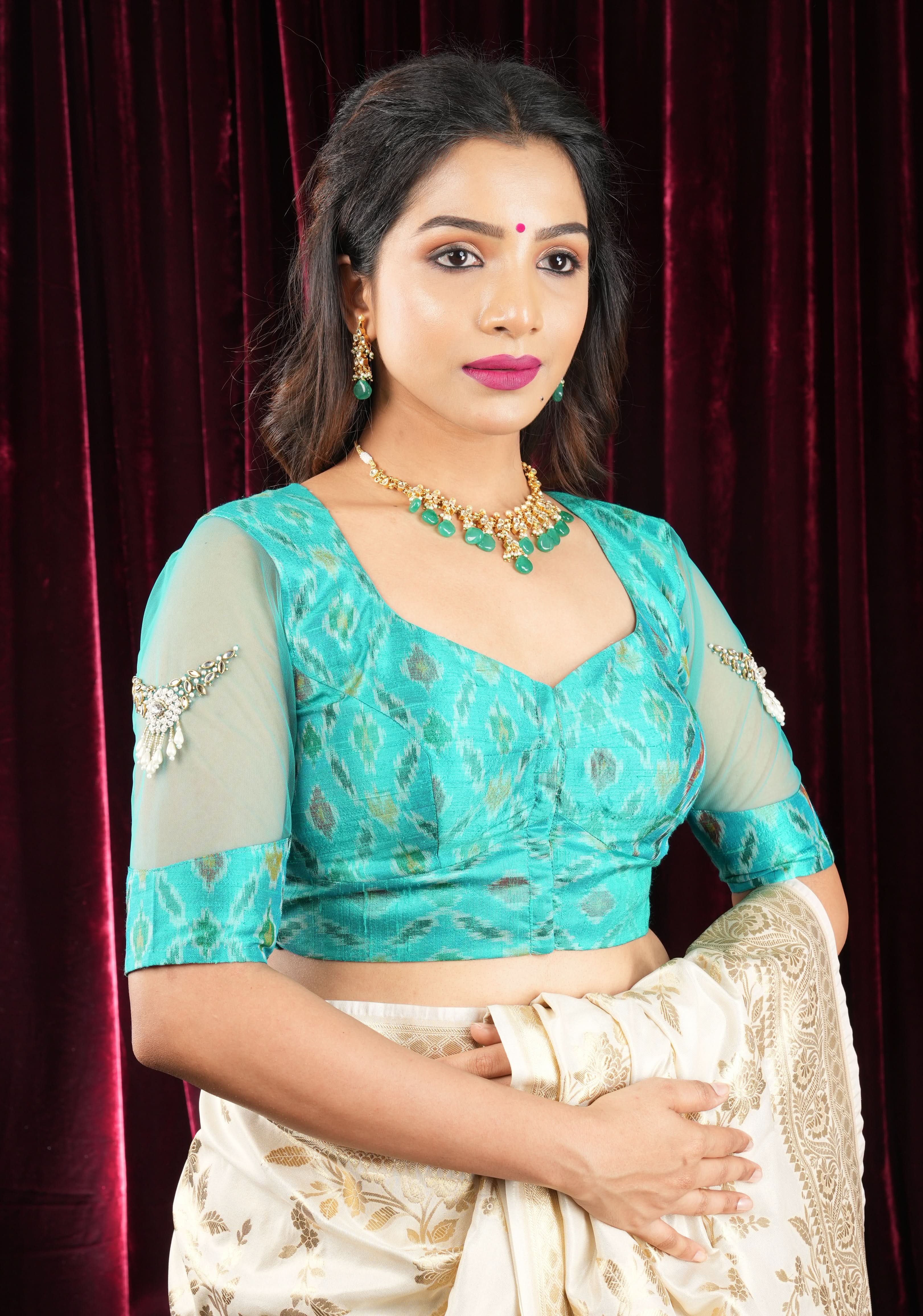 Cyan Pure ikkat  Raw silk blouse with Rhinestone detailing in back and sleeves | Shobitam