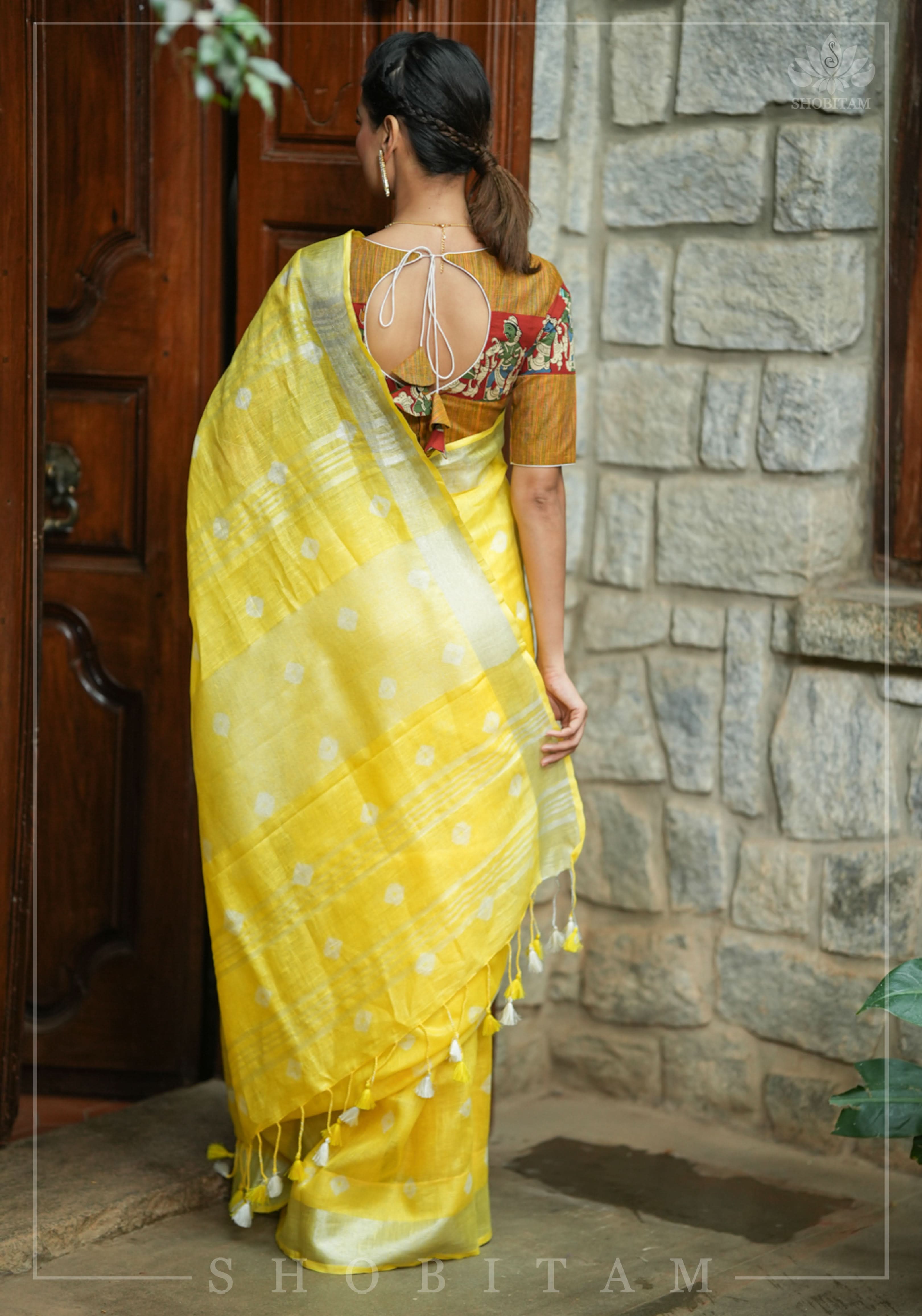 Authentic Bandini - Shibori on Pure Linen by Linen Saree with Zari Border in Sunflower Yellow | Shobitam