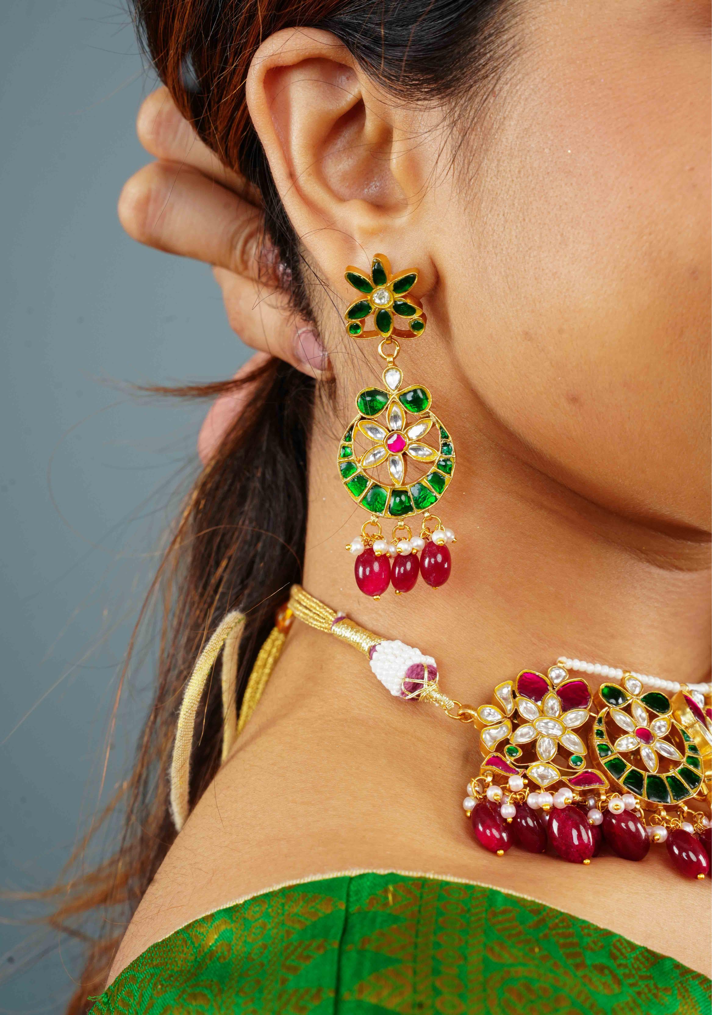 Celestial Ahmedabadi Jadau Necklace and Earrings Set with maroon dangling stones. | SHOBITAM