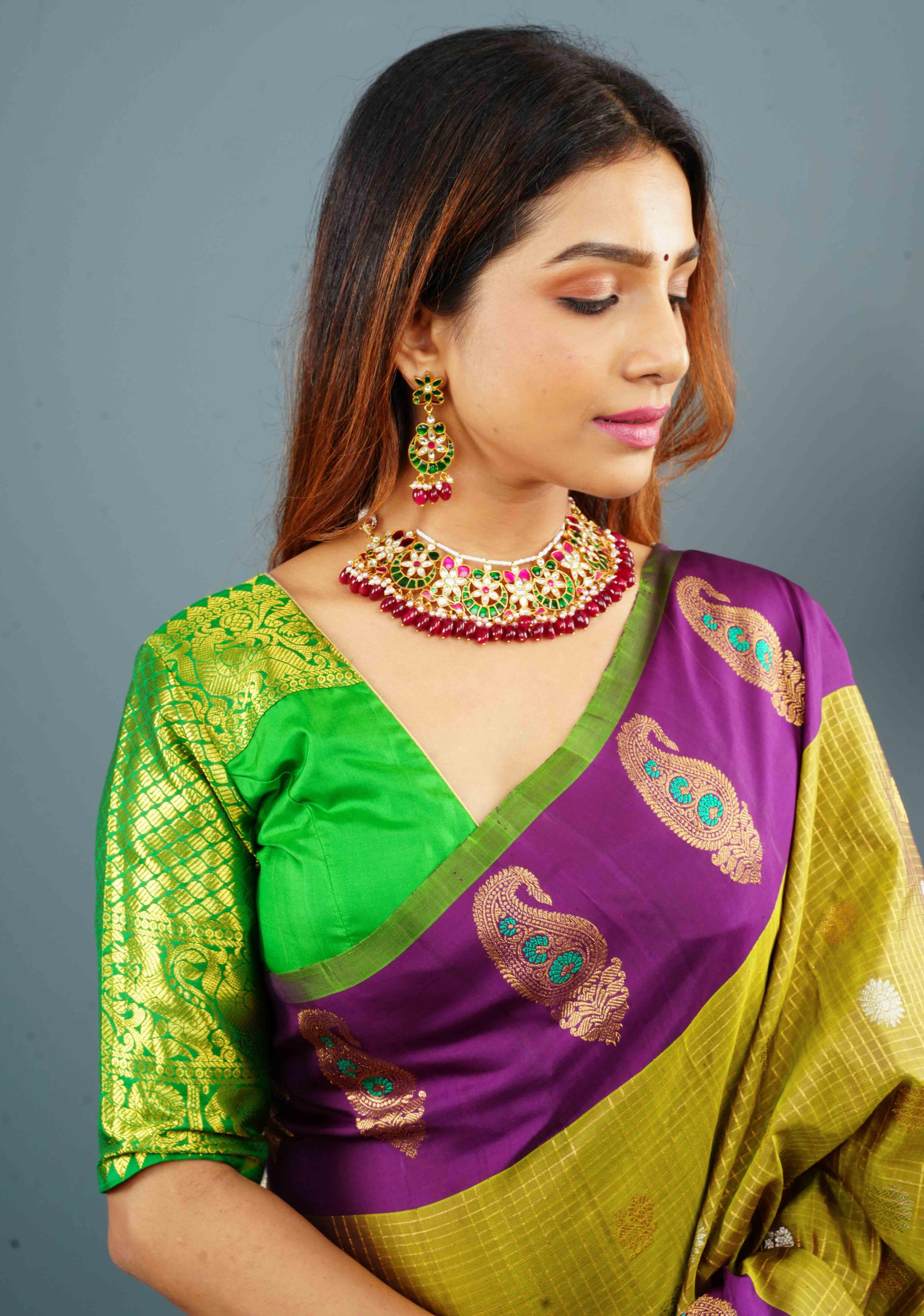 Green Pure Silk blouse with Zari Shoulder and Vanasingaram sleeve borders, Customizable, Made to Order | Shobitam