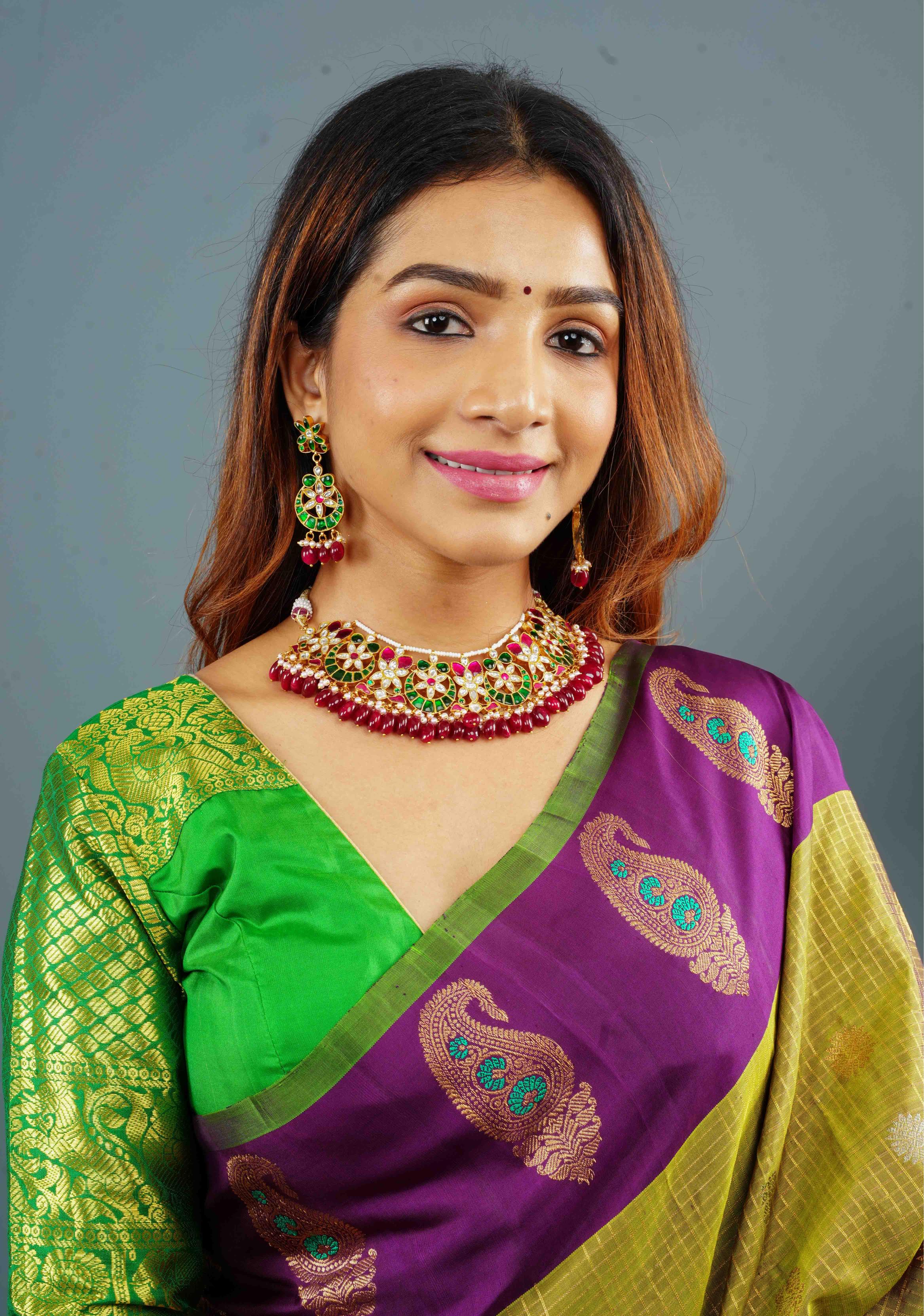 Celestial Ahmedabadi Jadau Necklace and Earrings Set with maroon dangling stones. | SHOBITAM