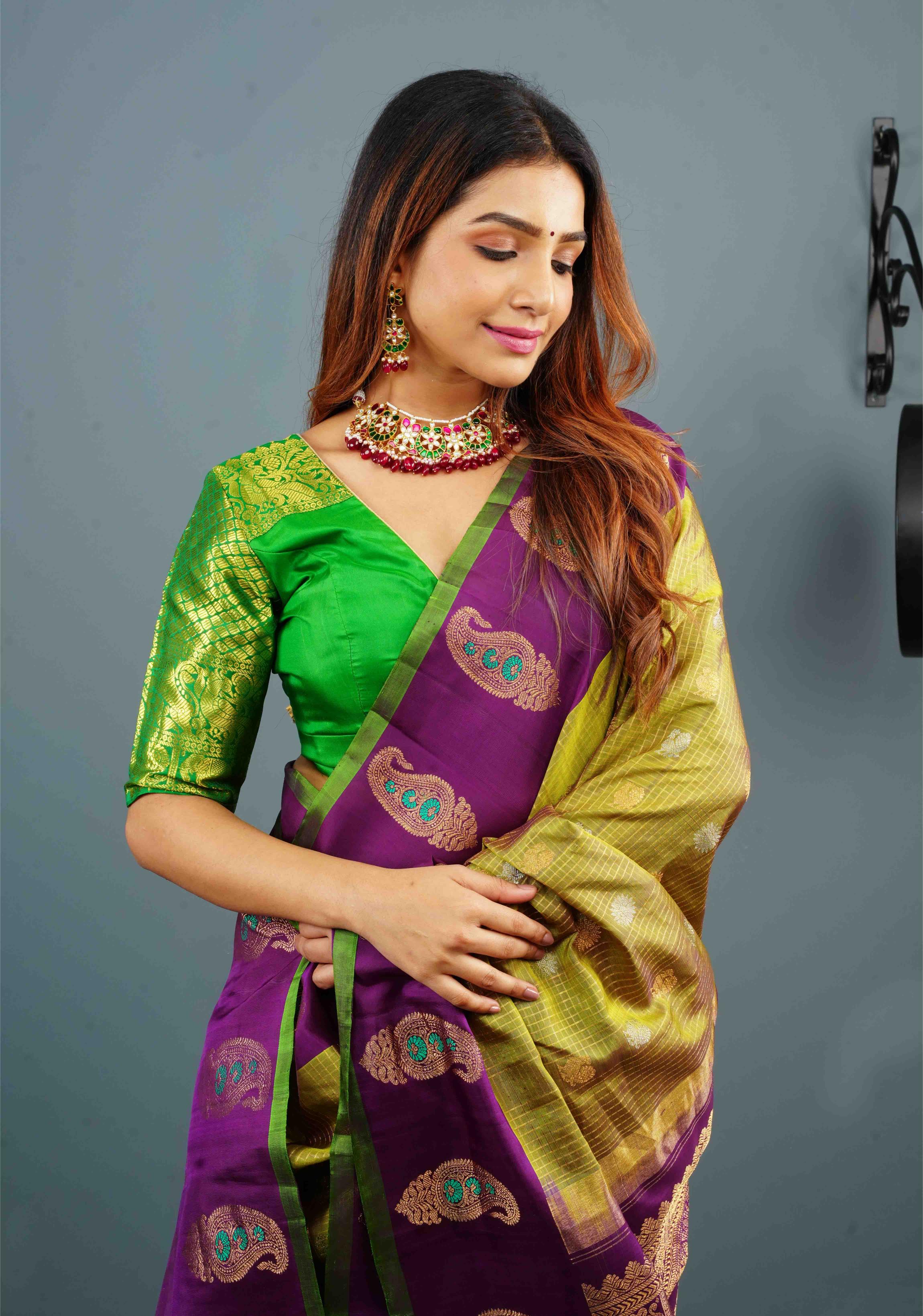 Green Pure Silk blouse with Zari Shoulder and Vanasingaram sleeve borders, Customizable, Made to Order | Shobitam