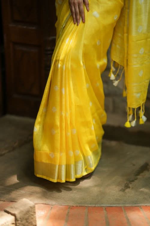 Authentic Bandini - Shibori on Pure Linen by Linen Saree with Zari Border in Sunflower Yellow | Shobitam