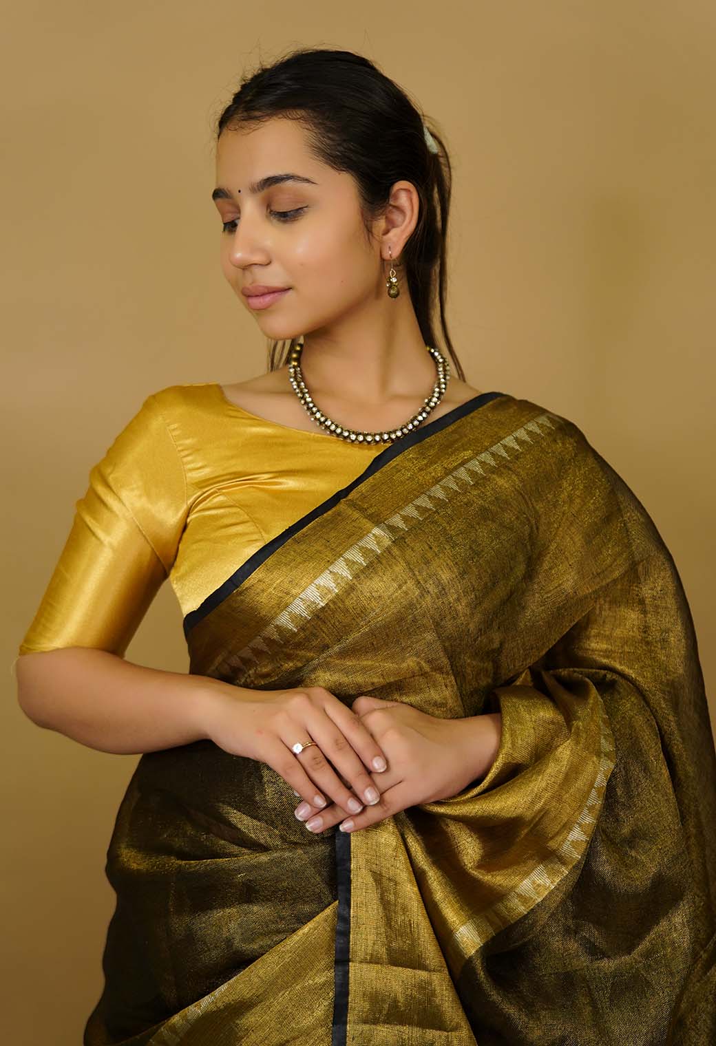 Blackish greyish Gold Metallic Tissue  With Temple & Broad Border  Wrap In One Minute Saree