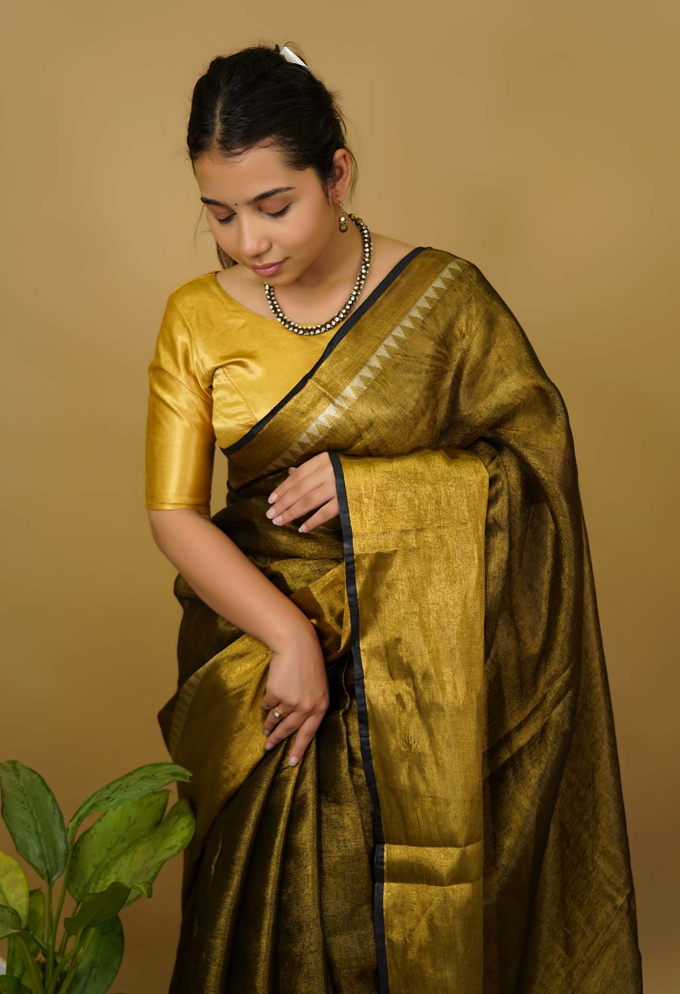 Blackish greyish Gold Metallic Tissue  With Temple & Broad Border  Wrap In One Minute Saree