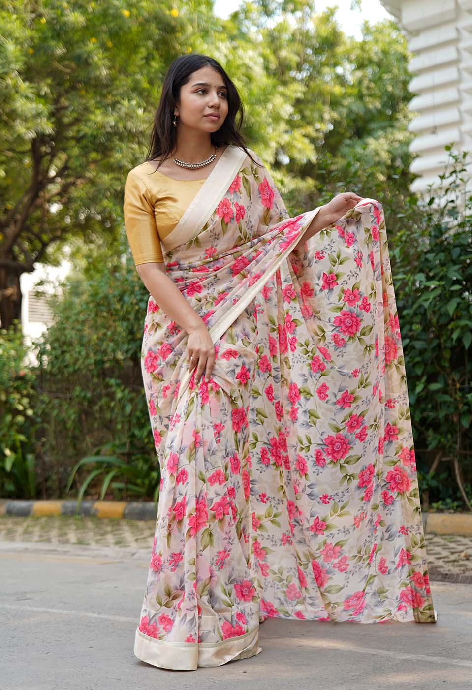 Off-White Soft Pure Georgette Floral Wrap in 1 minute saree