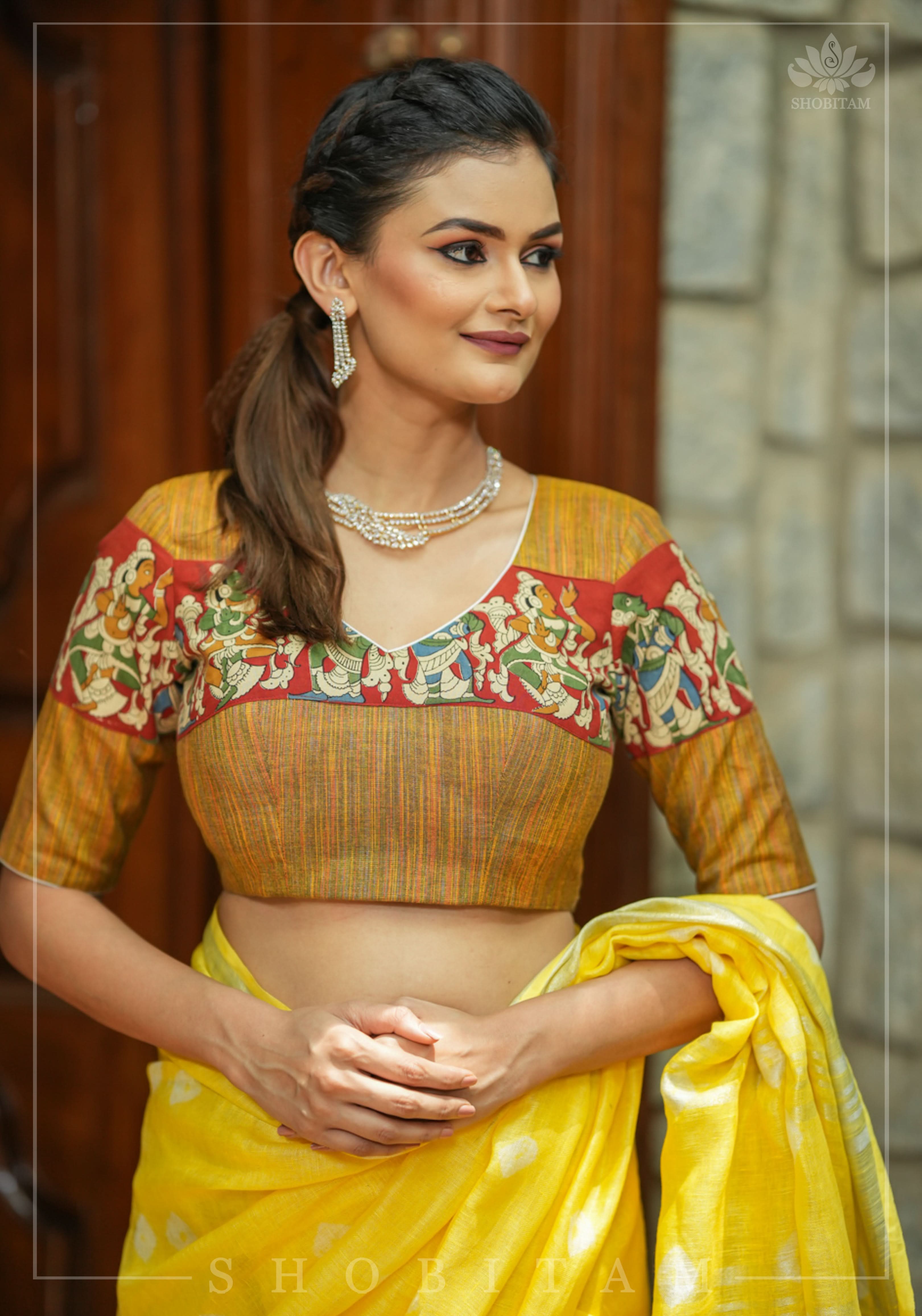 Honey brown handloom cotton V neck blouse with handpainted kalamkari band | Shobitam