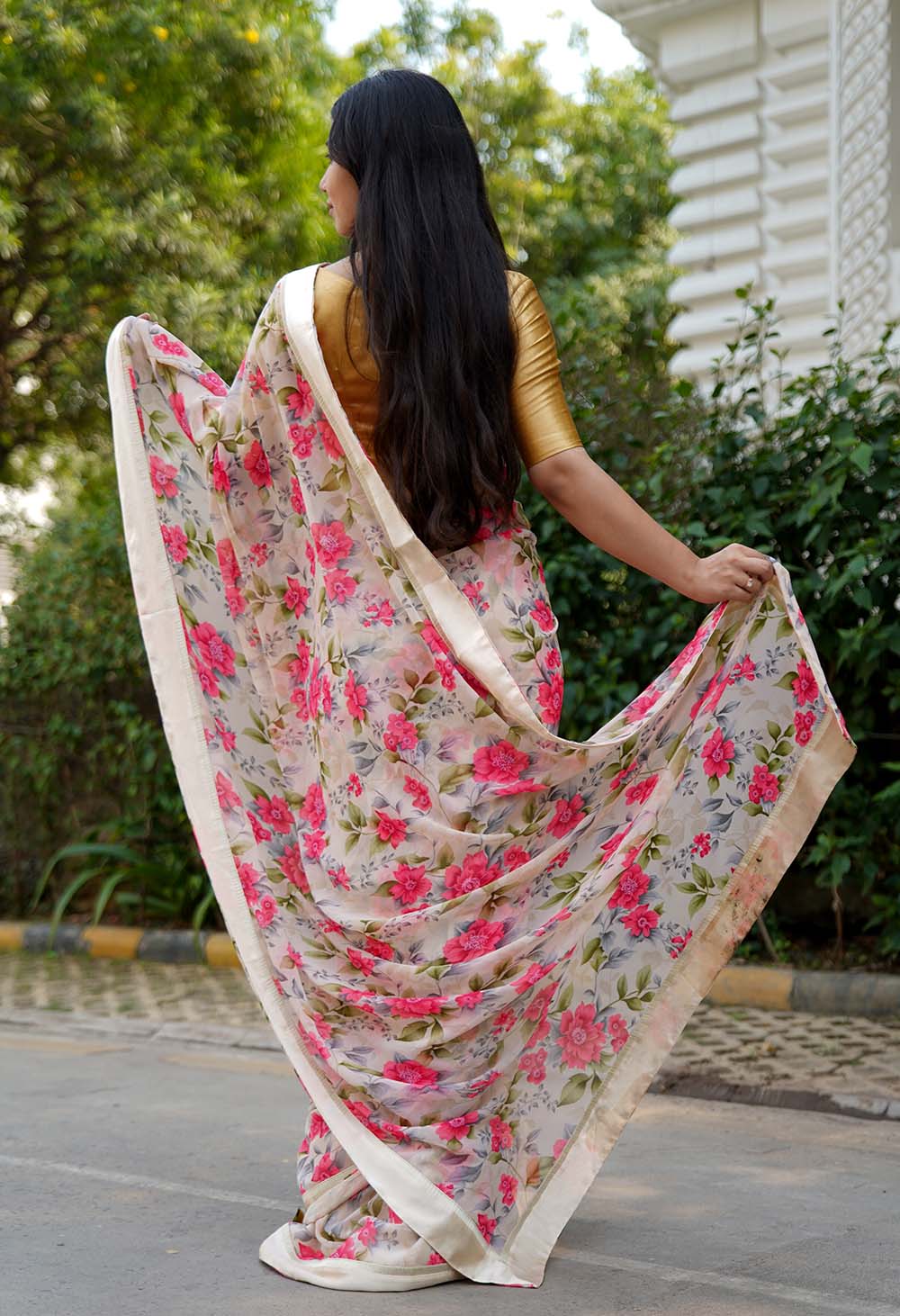 Off-White Soft Pure Georgette Floral Wrap in 1 minute saree