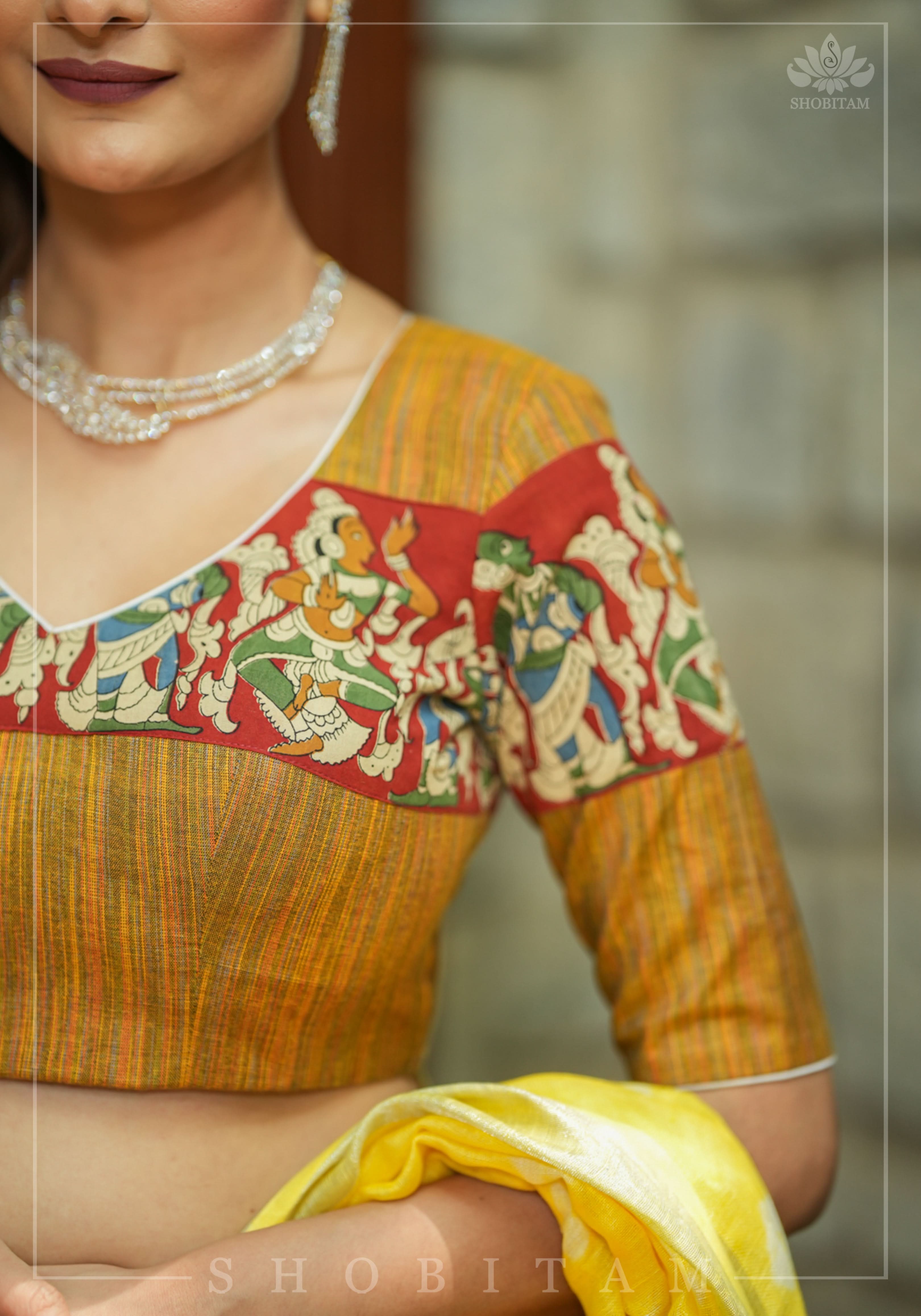 Honey brown handloom cotton V neck blouse with handpainted kalamkari band | Shobitam