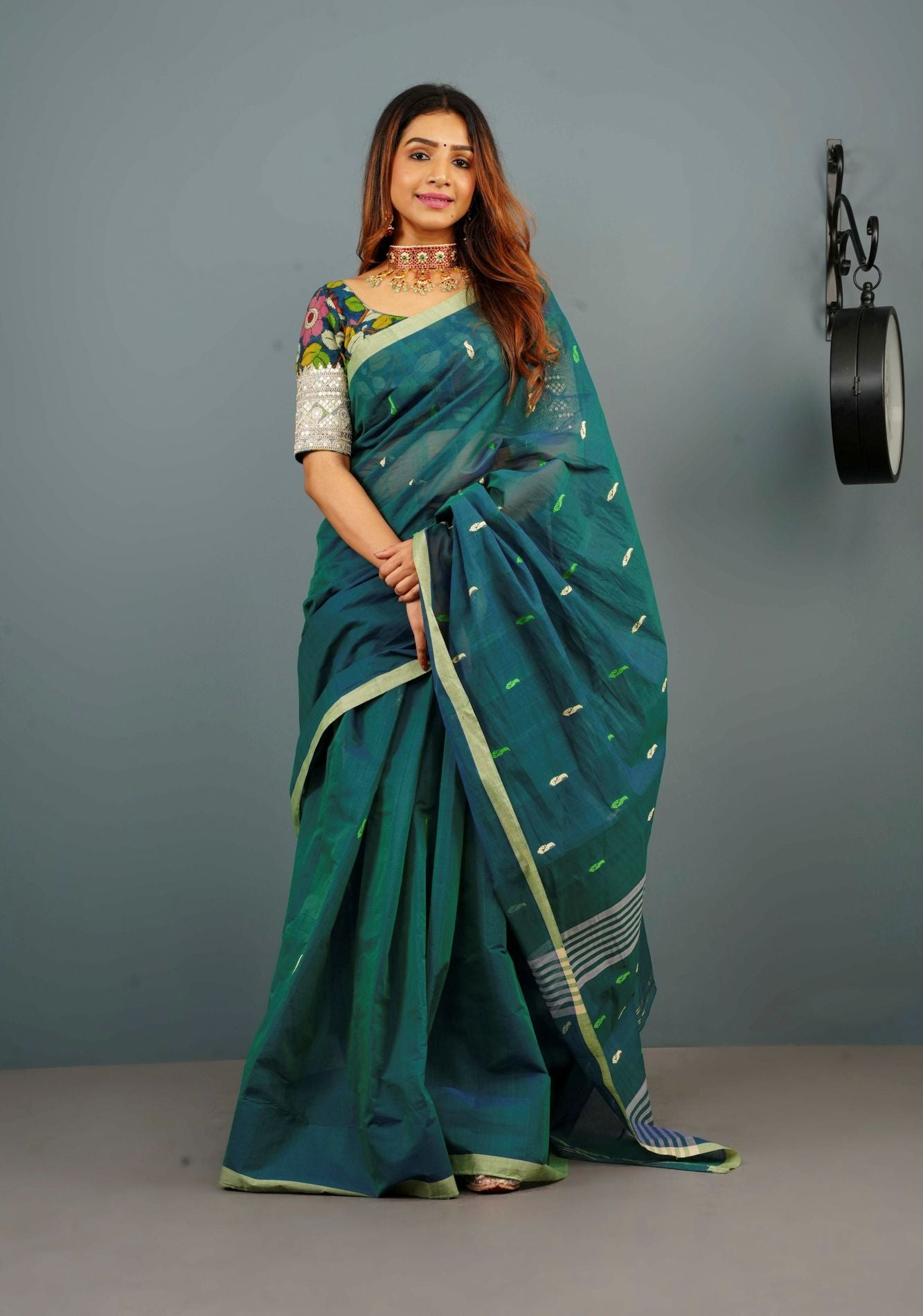 Kenaf Cotton Vegan Handloom ready to wear Saree in Teal with Meenakari Resham Buttas and Minimal Border (No Blouse Piece) Ready to wear saree