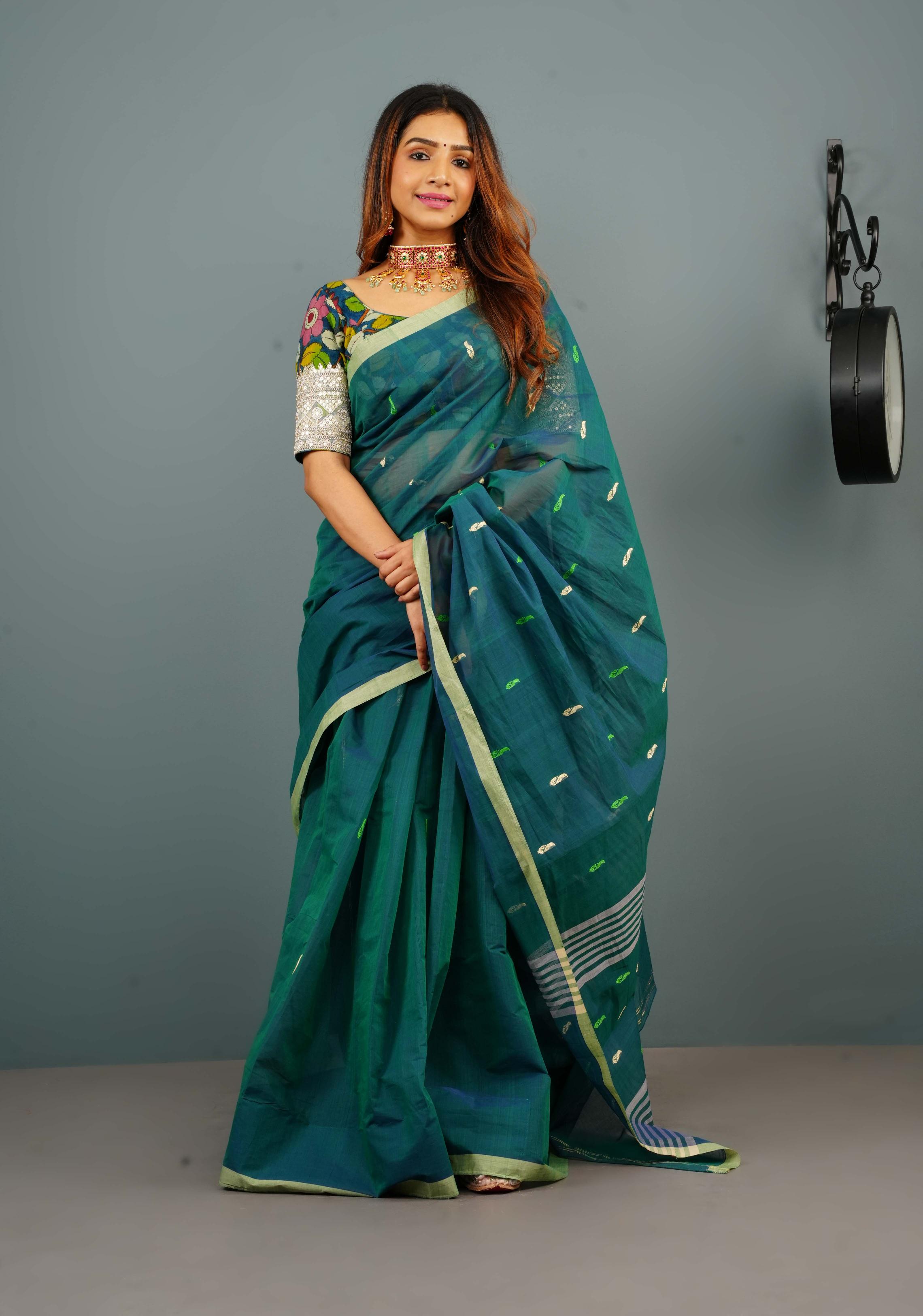 Kenaf Cotton Vegan Handloom Saree in Teal with Meenakari Resham Buttas and Minimal Border (No Blouse Piece) | SHOBITAM