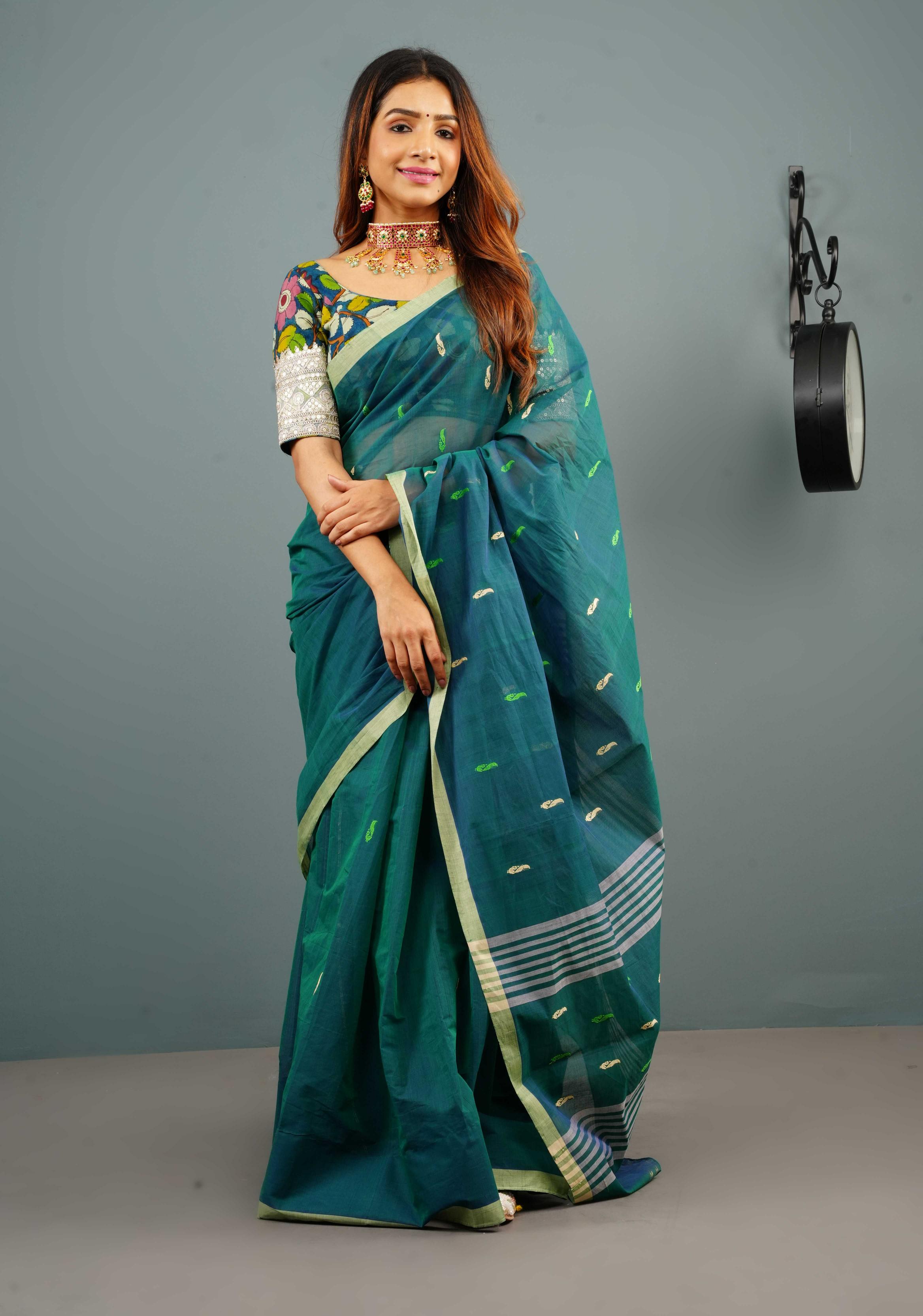 Kenaf Cotton Vegan Handloom Saree in Teal with Meenakari Resham Buttas and Minimal Border (No Blouse Piece) | SHOBITAM
