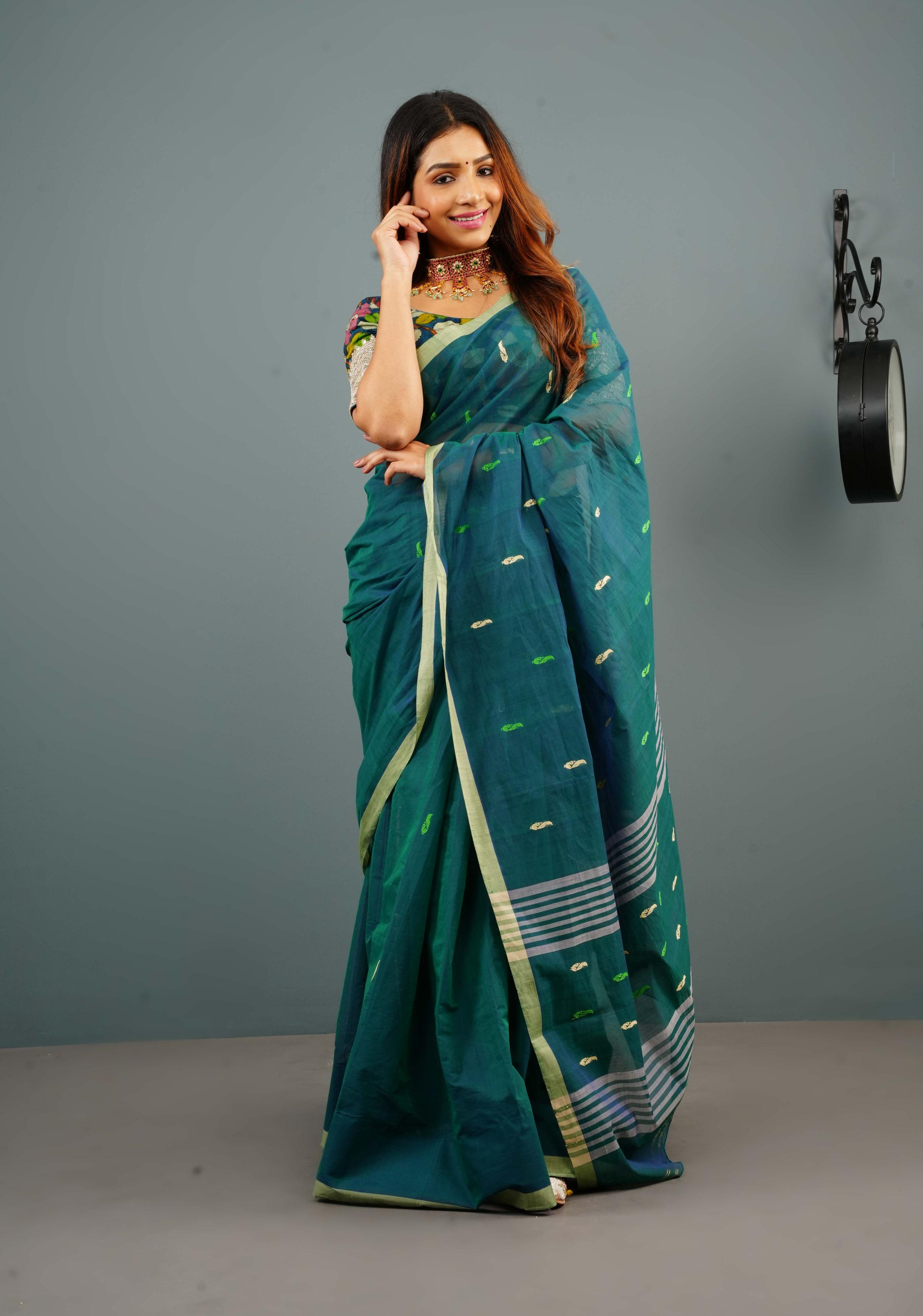 Kenaf Cotton Vegan Handloom Saree in Teal with Meenakari Resham Buttas and Minimal Border (No Blouse Piece) | SHOBITAM