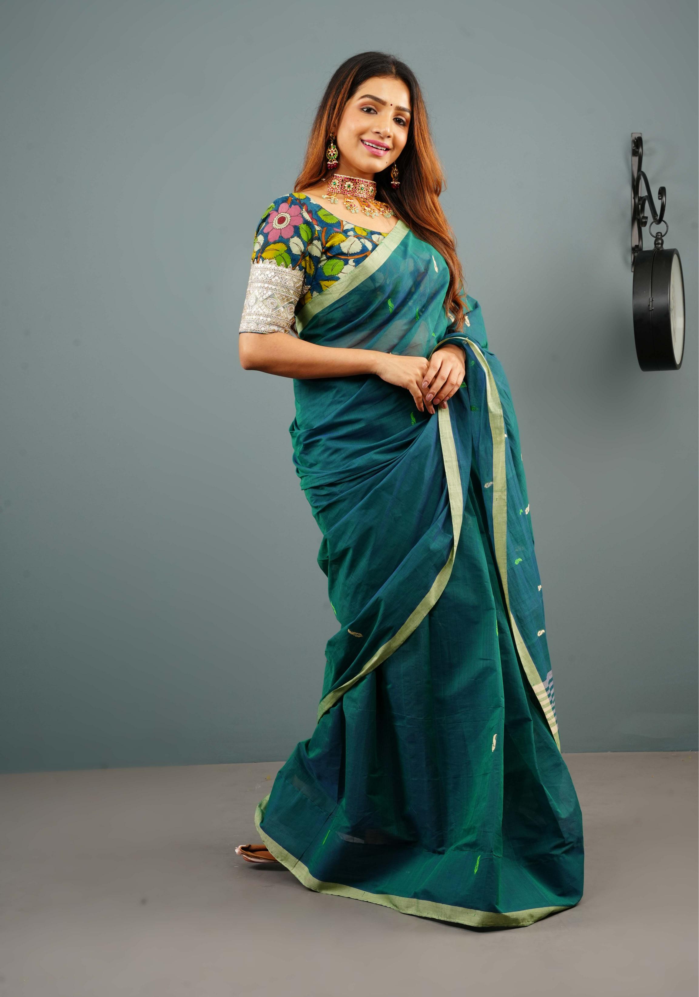 Kenaf Cotton Vegan Handloom Saree in Teal with Meenakari Resham Buttas and Minimal Border (No Blouse Piece) | SHOBITAM
