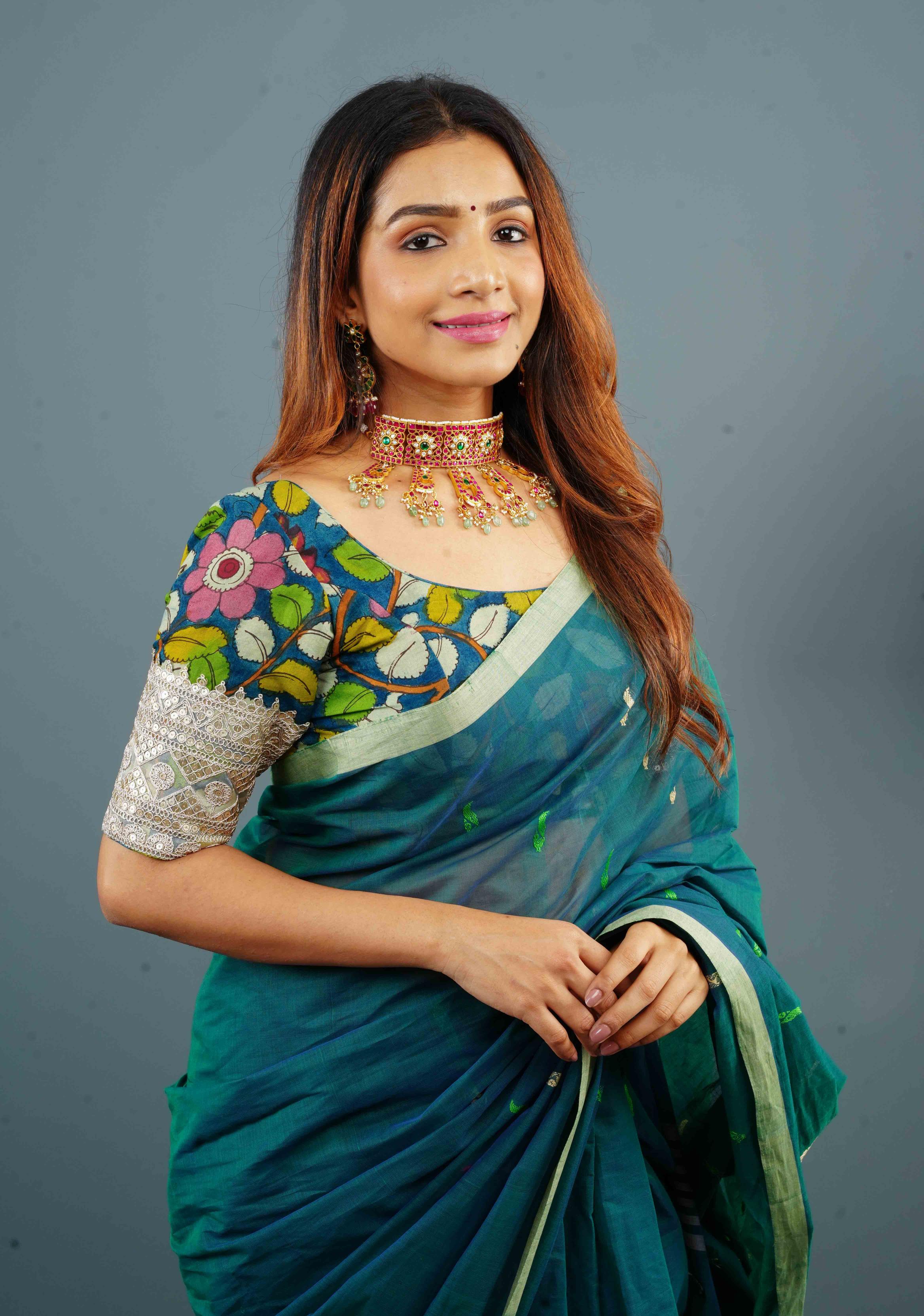 Blue Authentic Pen Kalamkari Scoop Neck Blouse with wide Lace Border on sleeves, Customizable, Made to Order | Shobitam