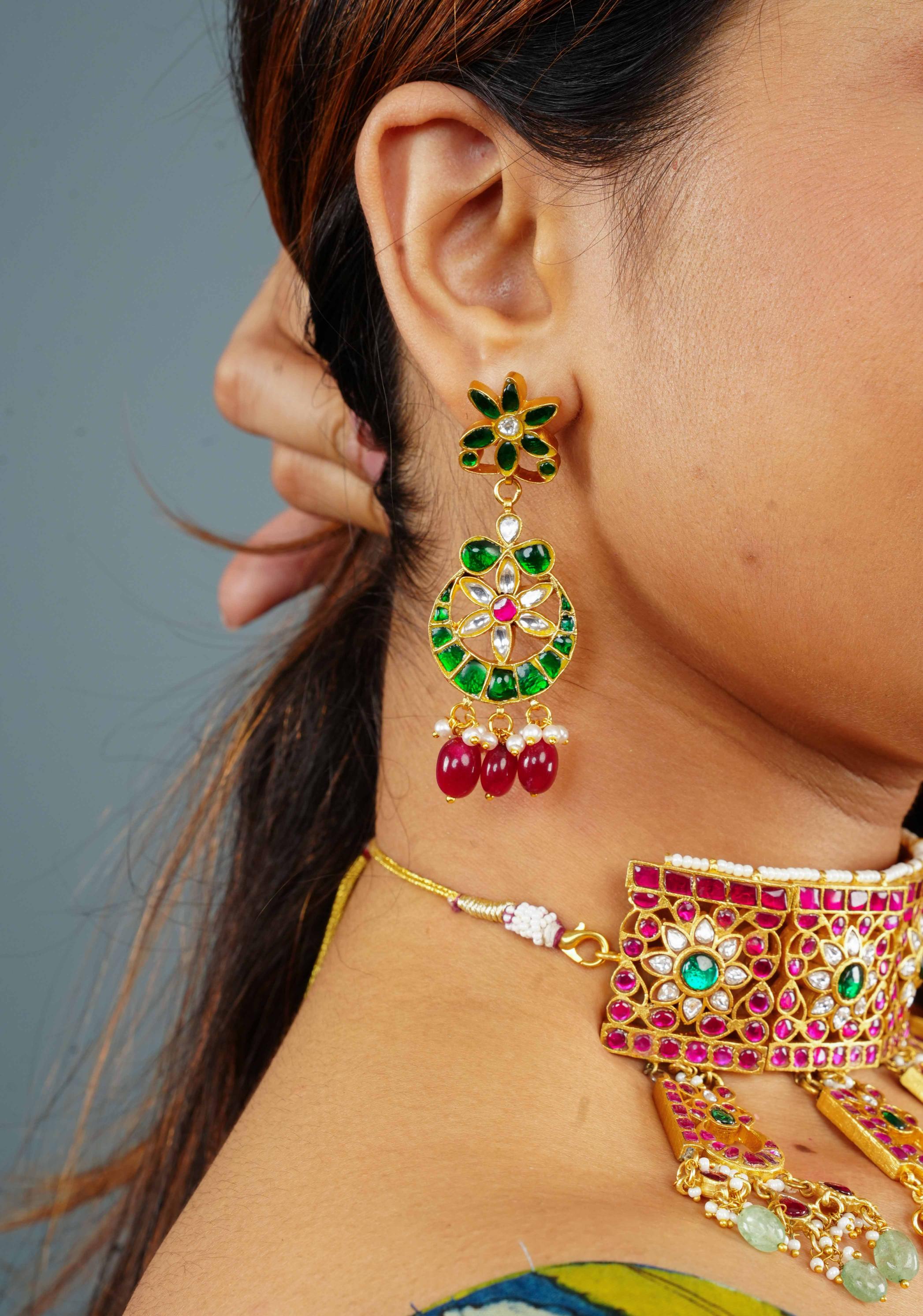Regal Blossoms: Layered Raajwadi Choker with Jadau Floral Design (No Earrings)| Shobitam Jewelry