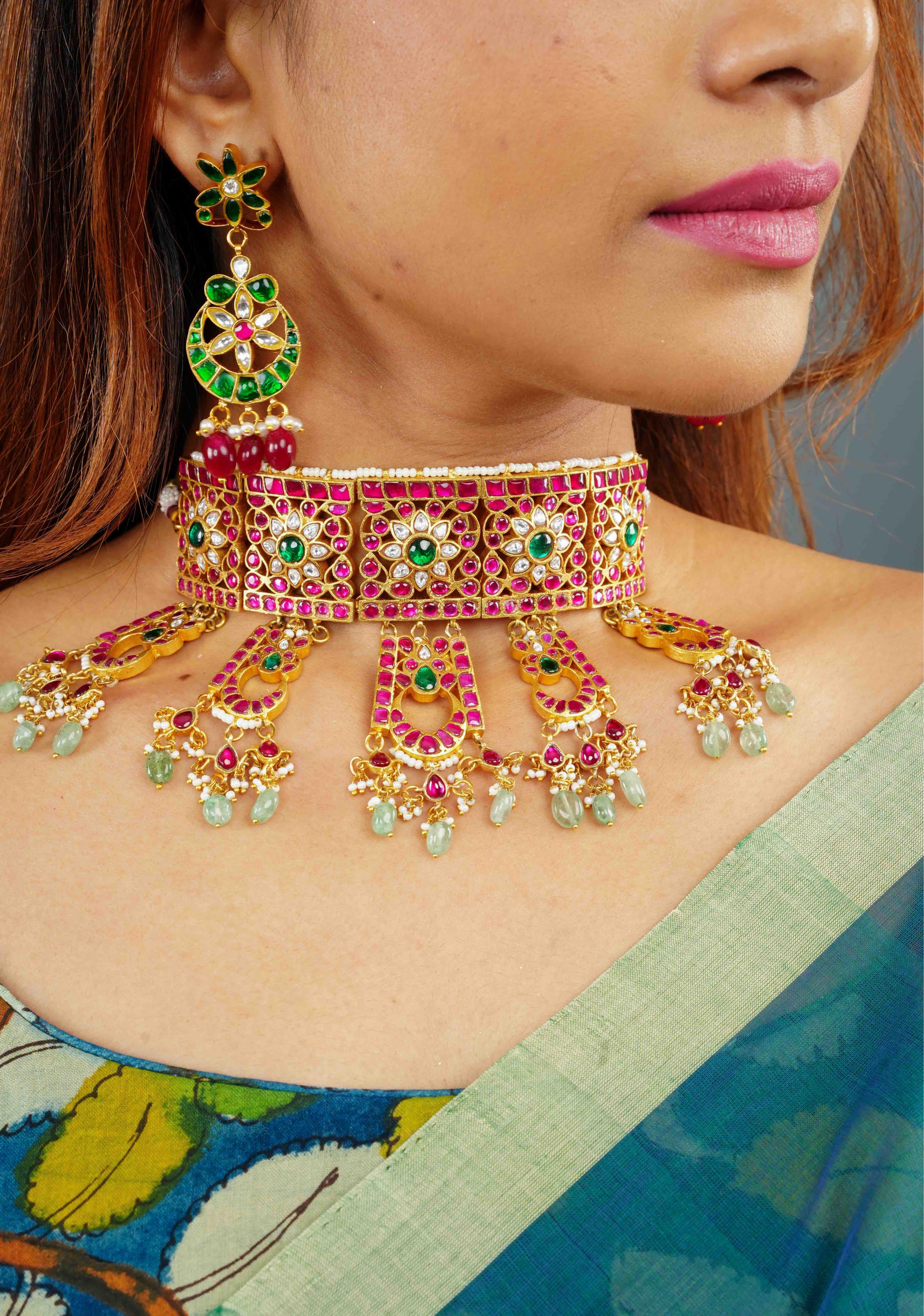 Regal Blossoms: Layered Raajwadi Choker with Jadau Floral Design (No Earrings)| Shobitam Jewelry