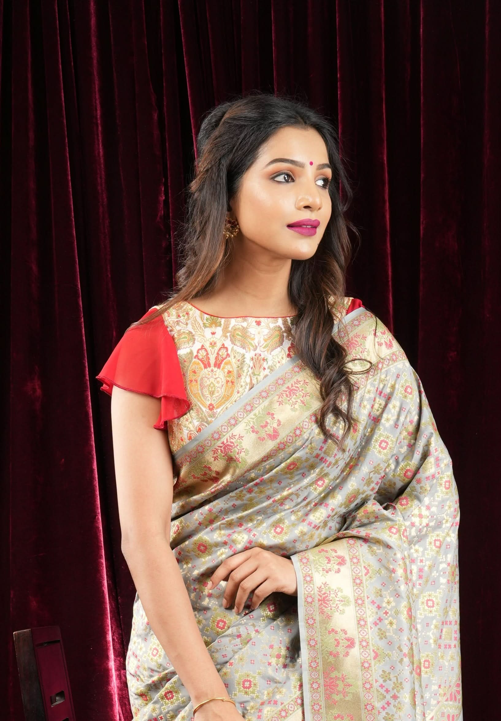 Banarasi Multicolor Brocade Blouse with side frills in Georgette | Shobitam