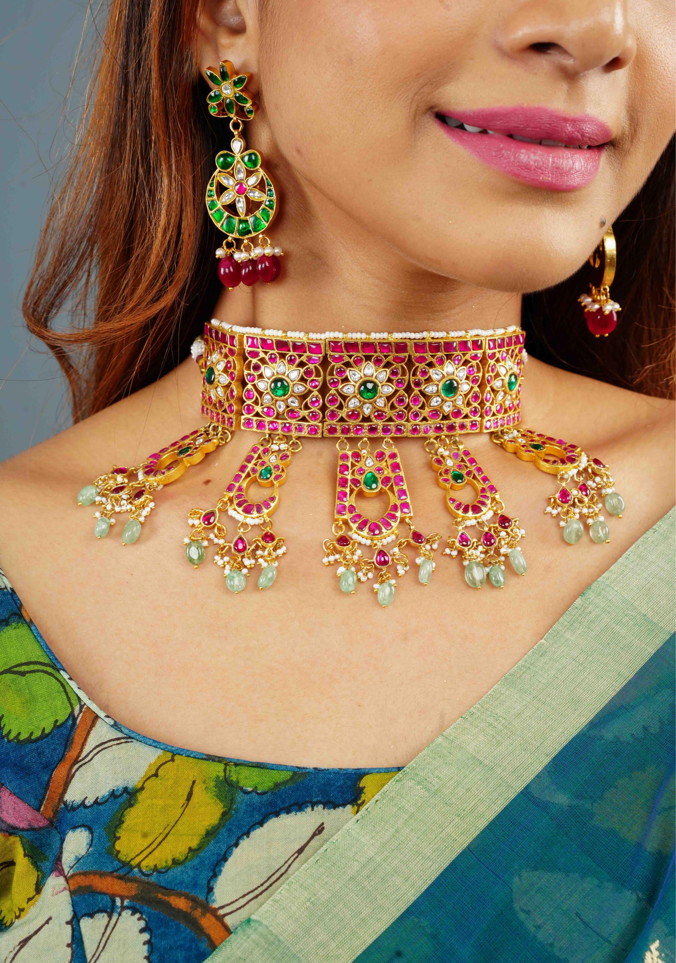 Regal Blossoms: Layered Raajwadi Choker with Jadau Floral Design (No Earrings)| Shobitam Jewelry