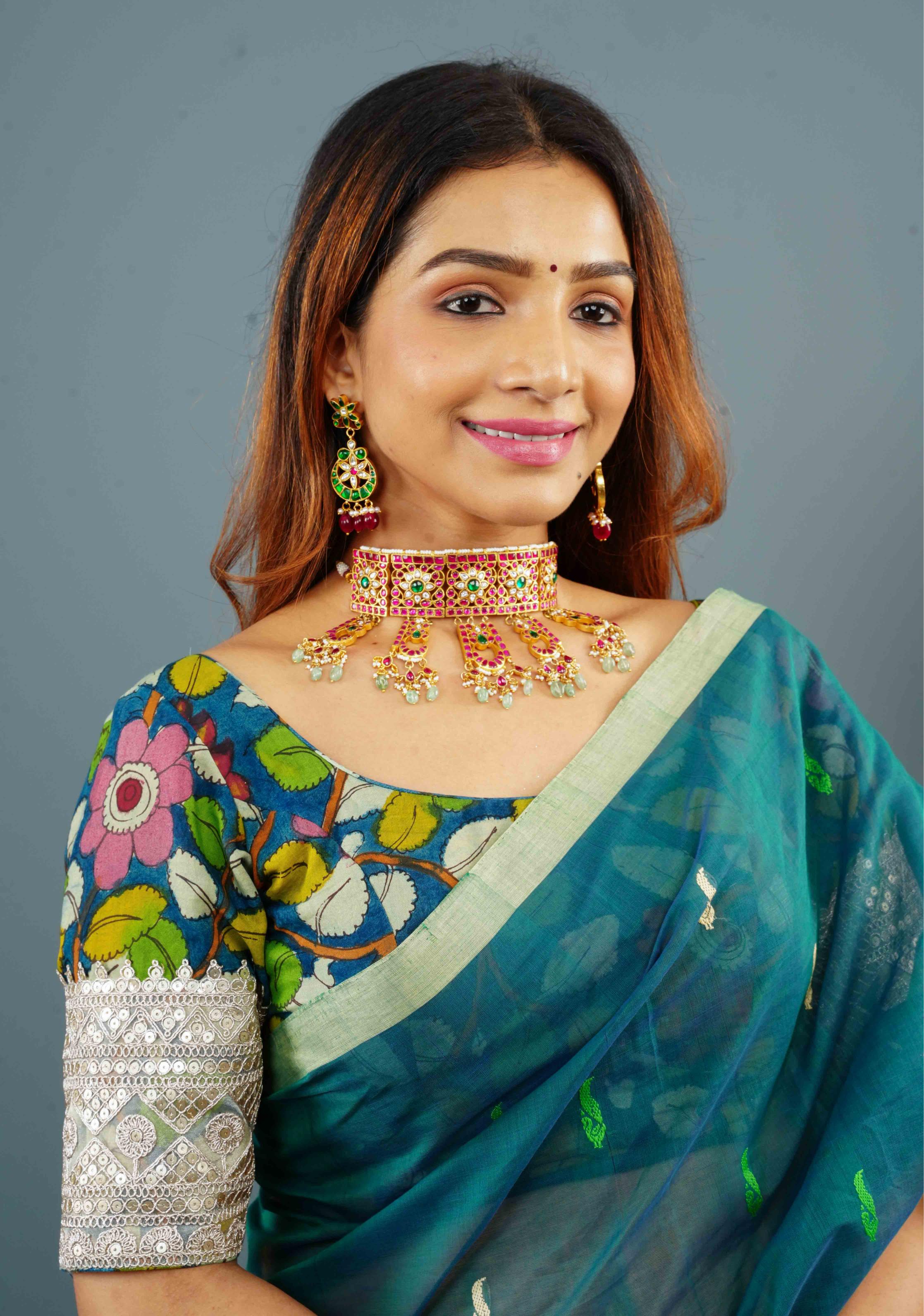 Regal Blossoms: Layered Raajwadi Choker with Jadau Floral Design (No Earrings)| Shobitam Jewelry
