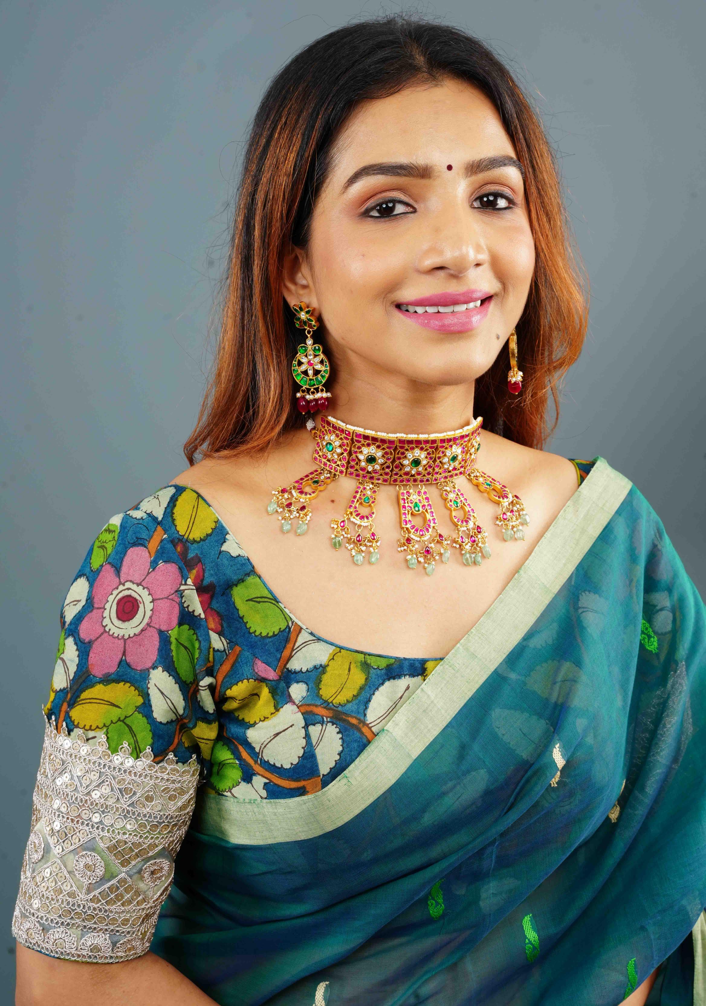 Blue Authentic Pen Kalamkari Scoop Neck Blouse with wide Lace Border on sleeves, Customizable, Made to Order | Shobitam