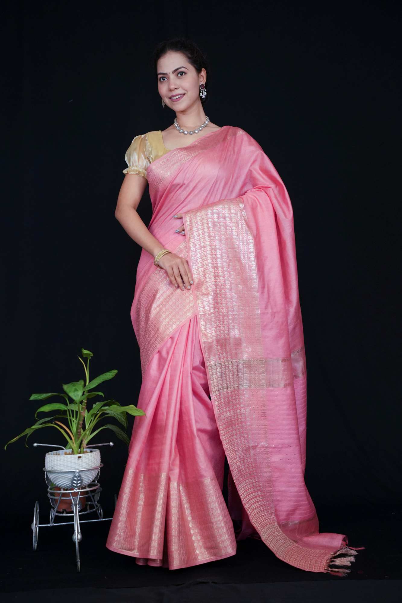 Beautiful Pink Kota Silk With Doby Zari Border Ready To Wear Saree