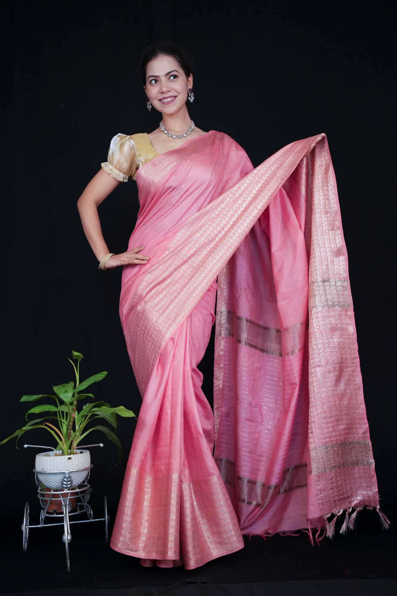 Beautiful Pink Kota Silk With Doby Zari Border Ready To Wear Saree